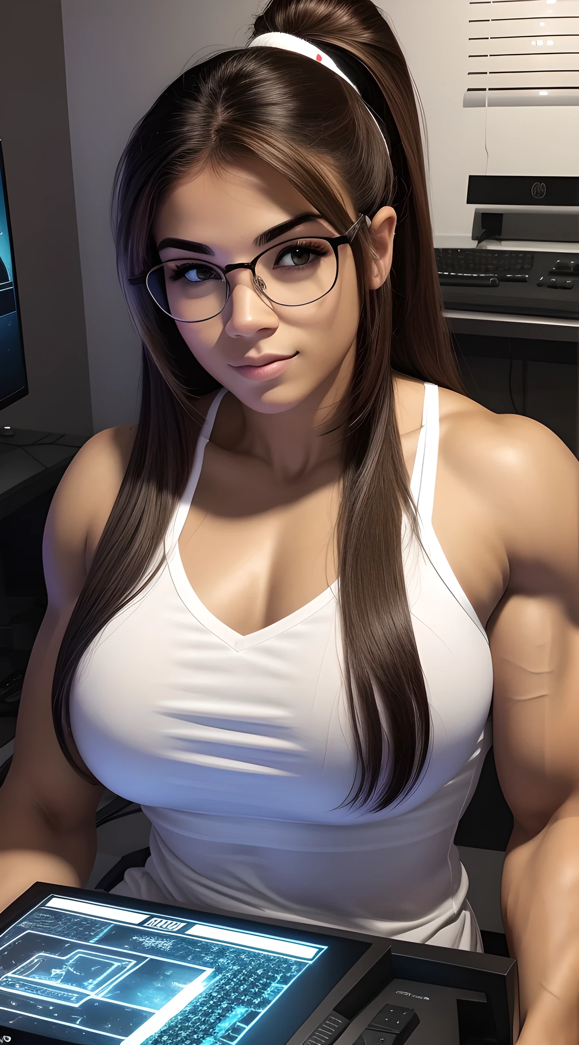 Brazilian nerd woman with round big glasses, 22 years old, masculine face features, long white winter pajamas, (perfect anatomy) (perfect face and eyes) brown eyes, most muscular pose showing for camera, huge trapezio, huge deltoid, posing and flexing, thin ffb body, cracked thick body, muscular ultraviolent woman, full body, brown ponytail hair, tanned skin, in a big nerd room sitting on a gaming computer.