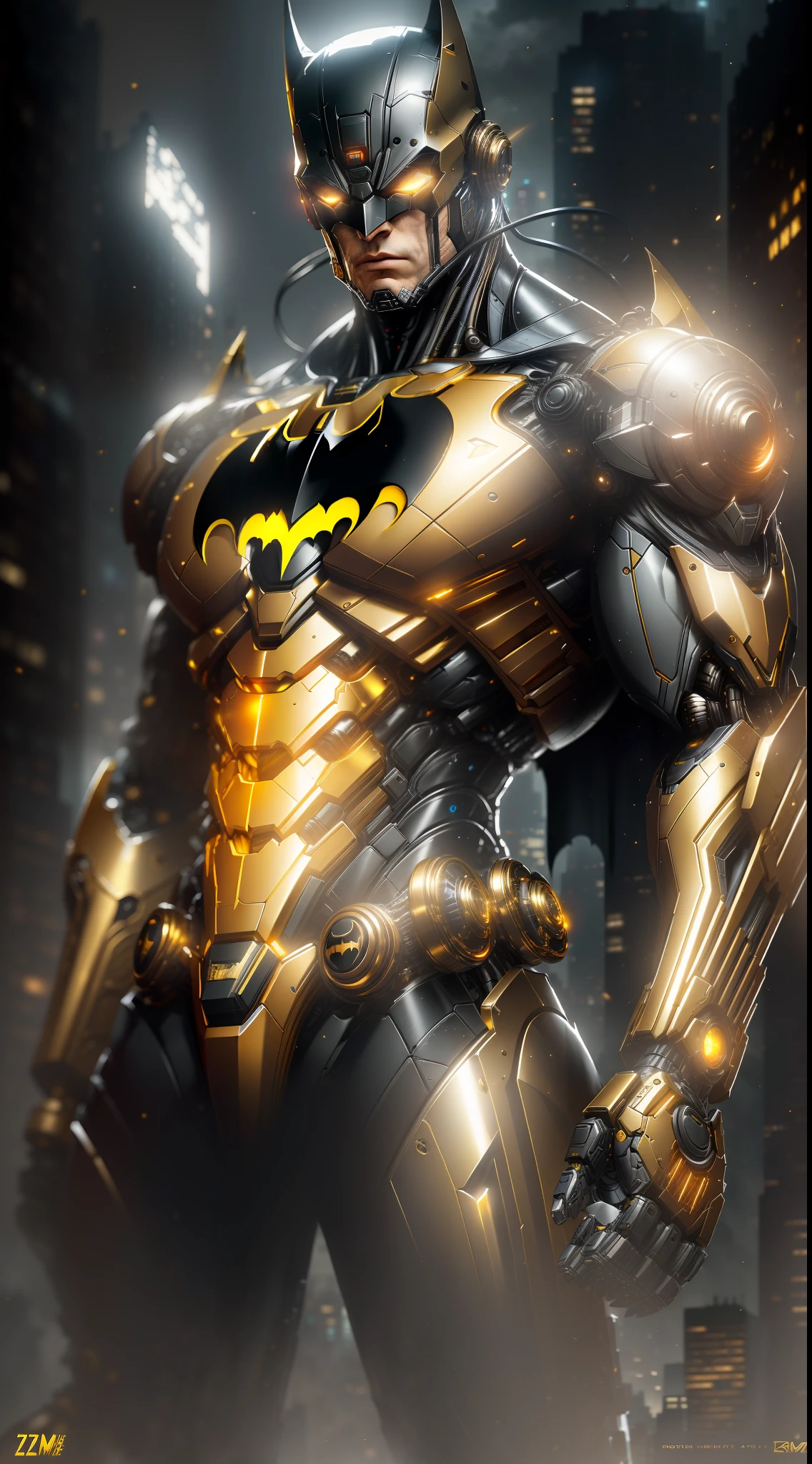 Gold Batman from DC photography, biomechanical, complex robot, full growth, hyper-realistic, insane small details, extremely clean lines, cyberpunk aesthetic, a masterpiece featured on Zbrush Central