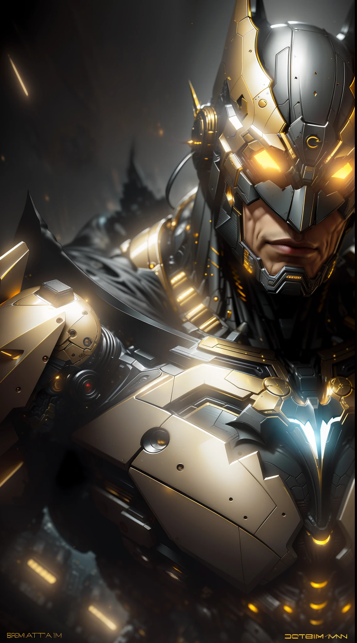 Gold Batman from DC photography, biomechanical, complex robot, full growth, hyper-realistic, insane small details, extremely clean lines, cyberpunk aesthetic, a masterpiece featured on Zbrush Central