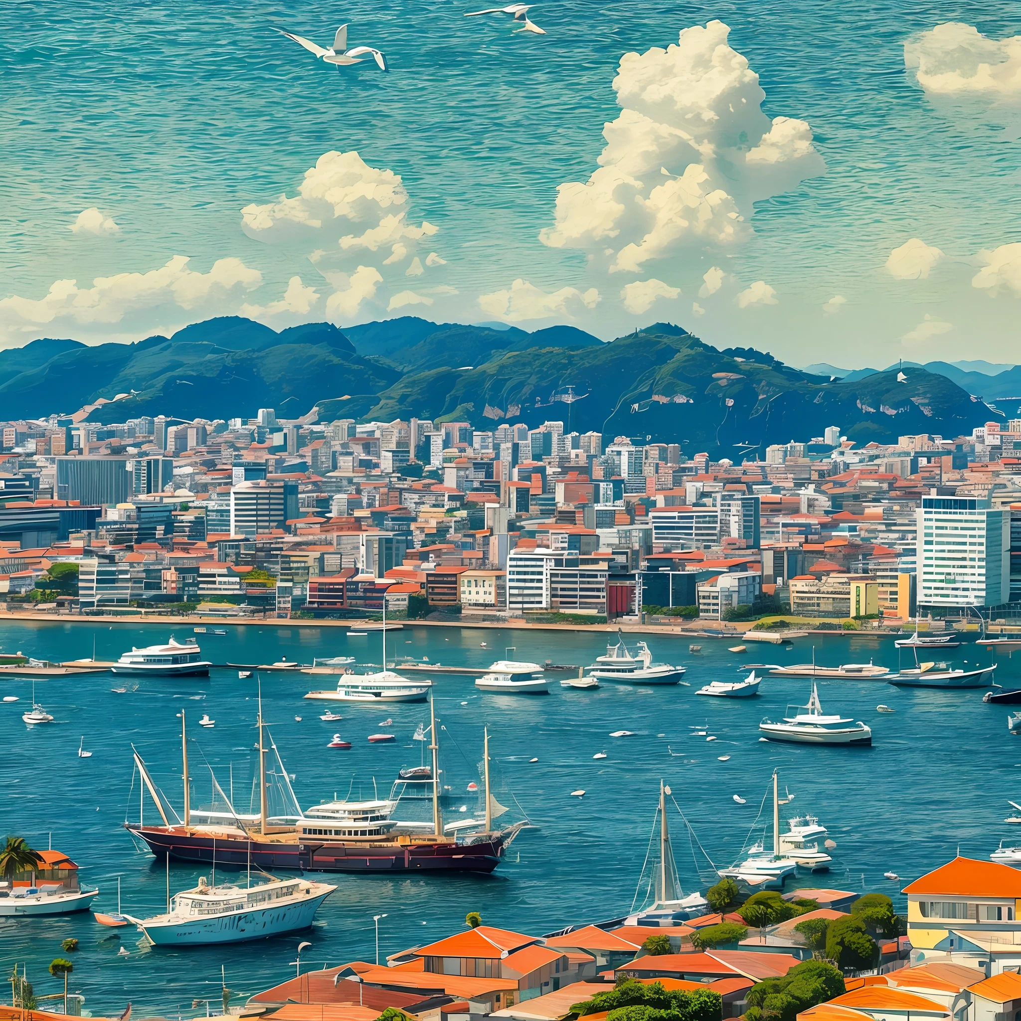 Panoramic view of Guanabara Bay, boats, seagulls, mountains, sky, van gogh style, texture painting depth, --auto --s2