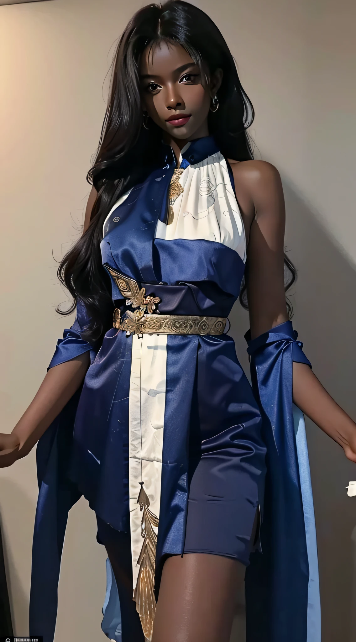 (((Masterpiece))), best quality, close-up, dark skin, sculptural body, open-legged position, long dark hair, intense makeup, expressive eyes, warm lighting tones, neutral background.