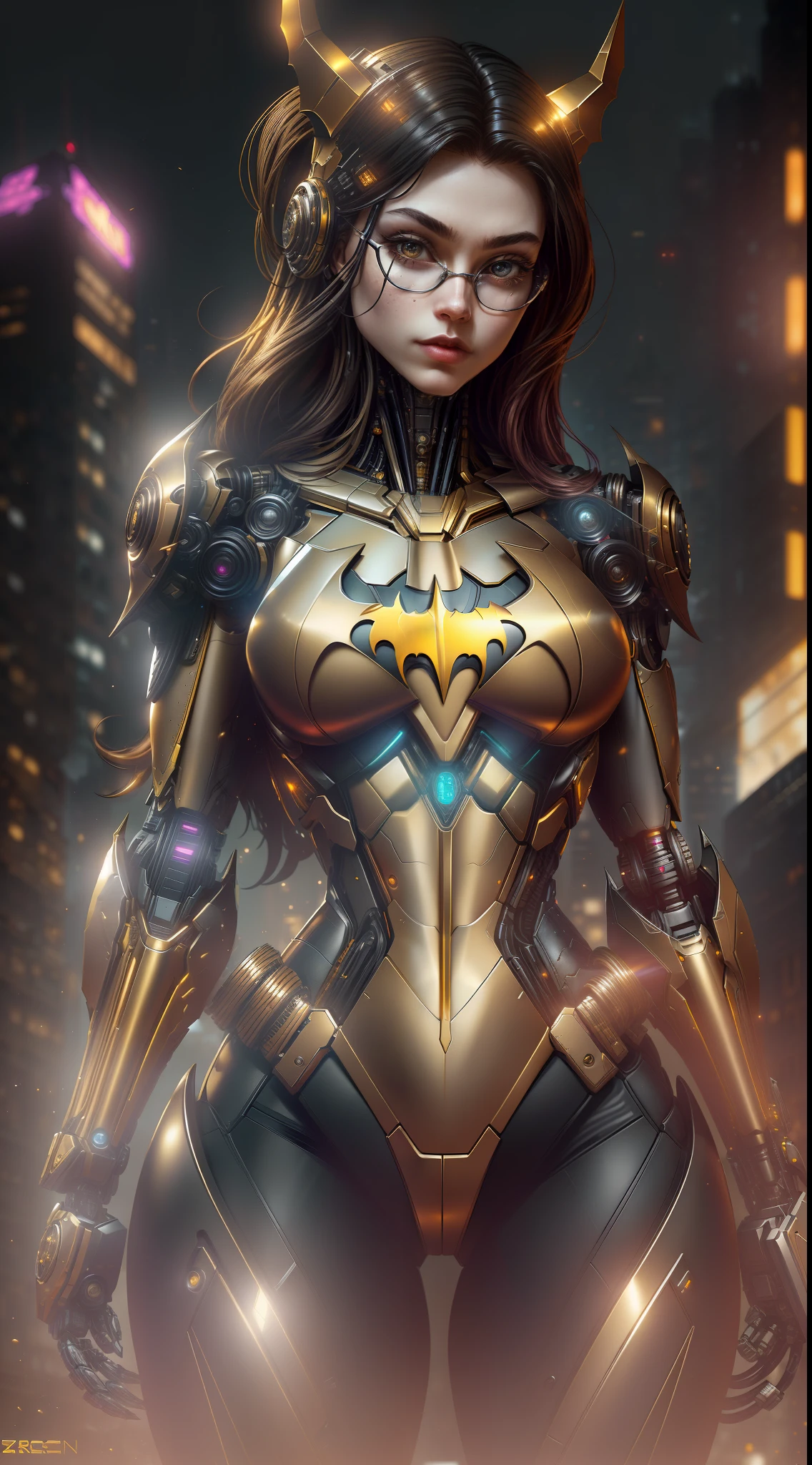 Gold Batgirl from DC photography, biomechanical, complex robot, full growth, hyper-realistic, insane small details, extremely clean lines, cyberpunk aesthetic, a masterpiece featured on Zbrush Central