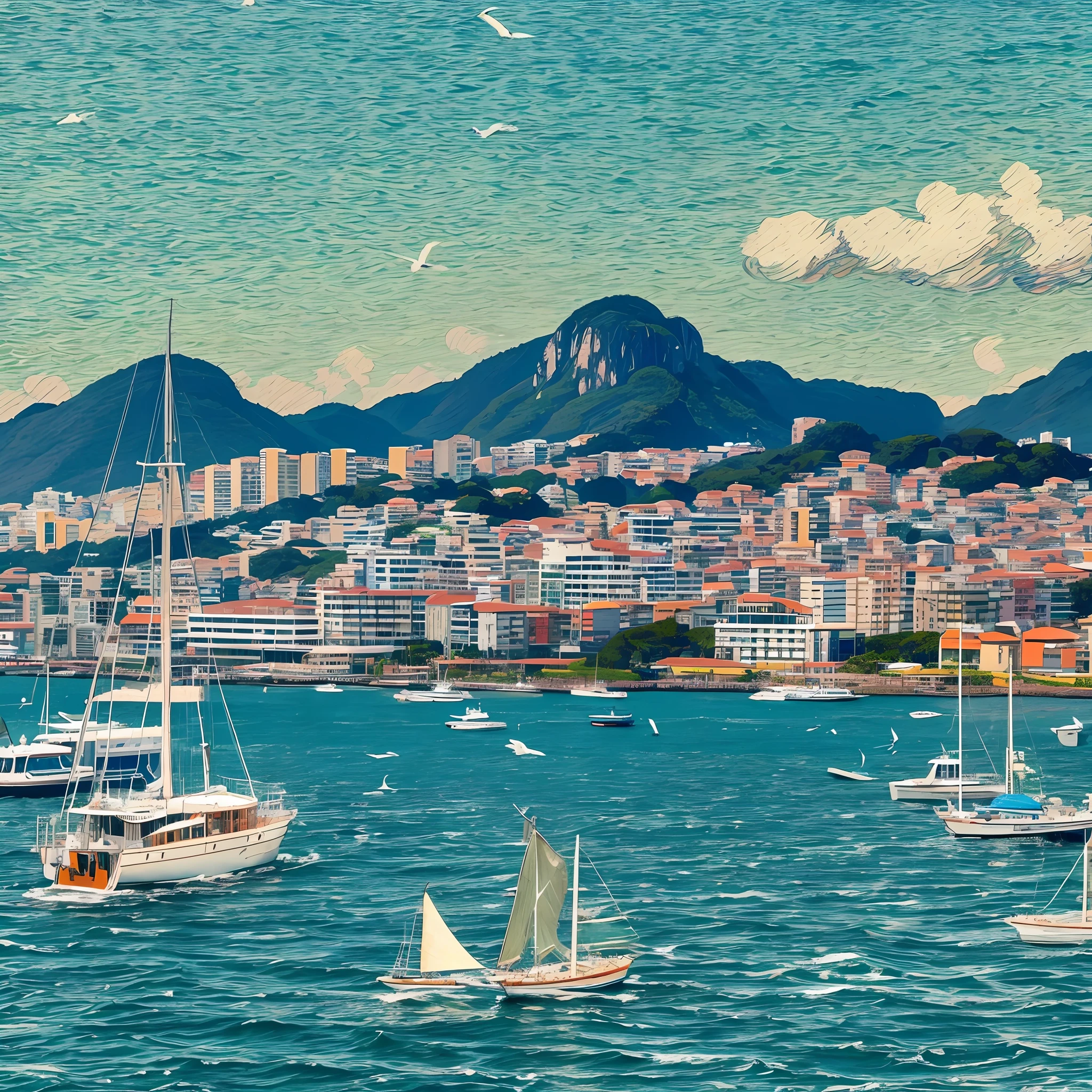 Panoramic view of Guanabara Bay, boats, seagulls, mountains, sky, van gogh style, texture painting depth, --auto --s2