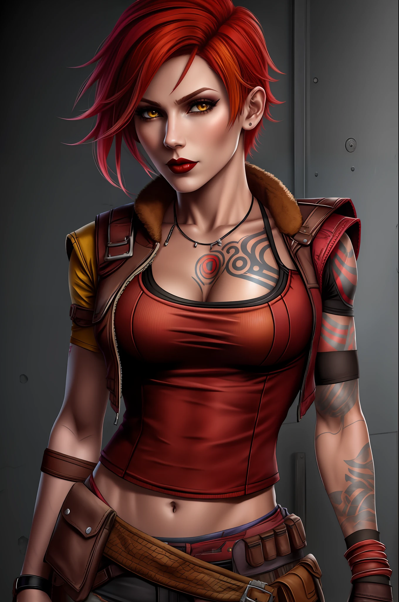lilith (borderlands), masterpiece, best quality, tattoo, open vest, 1girl, yellow eyes, red hair, arm tattoo, short hair, gloves, pouch, breasts, cowboy shot, makeup, solo, swept bangs, cleavage, vest, fingerless gloves, lipstick, flipped hair, pants, torn clothes, belt pouch, clothes around waist, belt, bangs, medium breasts, looking at viewer, red lips, closed mouth, collarbone, standing, breast tattoo, torn shirt, black gloves, open clothes, wristband, torn pants, shirt, cropped vest, lips, jacket around waist, pocket, stomach tattoo, brown belt, red shirt, buttons, multiple belts, buckle, yellow jacket, fishnets, sleeveless, jewelry, brown gloves