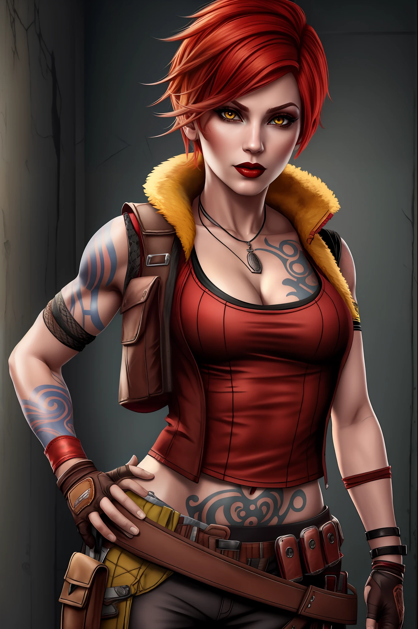 lilith (borderlands), masterpiece, best quality, tattoo, open vest, 1girl, yellow eyes, red hair, arm tattoo, short hair, gloves, pouch, breasts, cowboy shot, makeup, solo, swept bangs, cleavage, vest, fingerless gloves, lipstick, flipped hair, pants, torn clothes, belt pouch, clothes around waist, belt, bangs, medium breasts, looking at viewer, red lips, closed mouth, collarbone, standing, breast tattoo, torn shirt, black gloves, open clothes, wristband, torn pants, shirt, cropped vest, lips, jacket around waist, pocket, stomach tattoo, brown belt, red shirt, buttons, multiple belts, buckle, yellow jacket, fishnets, sleeveless, jewelry, brown gloves