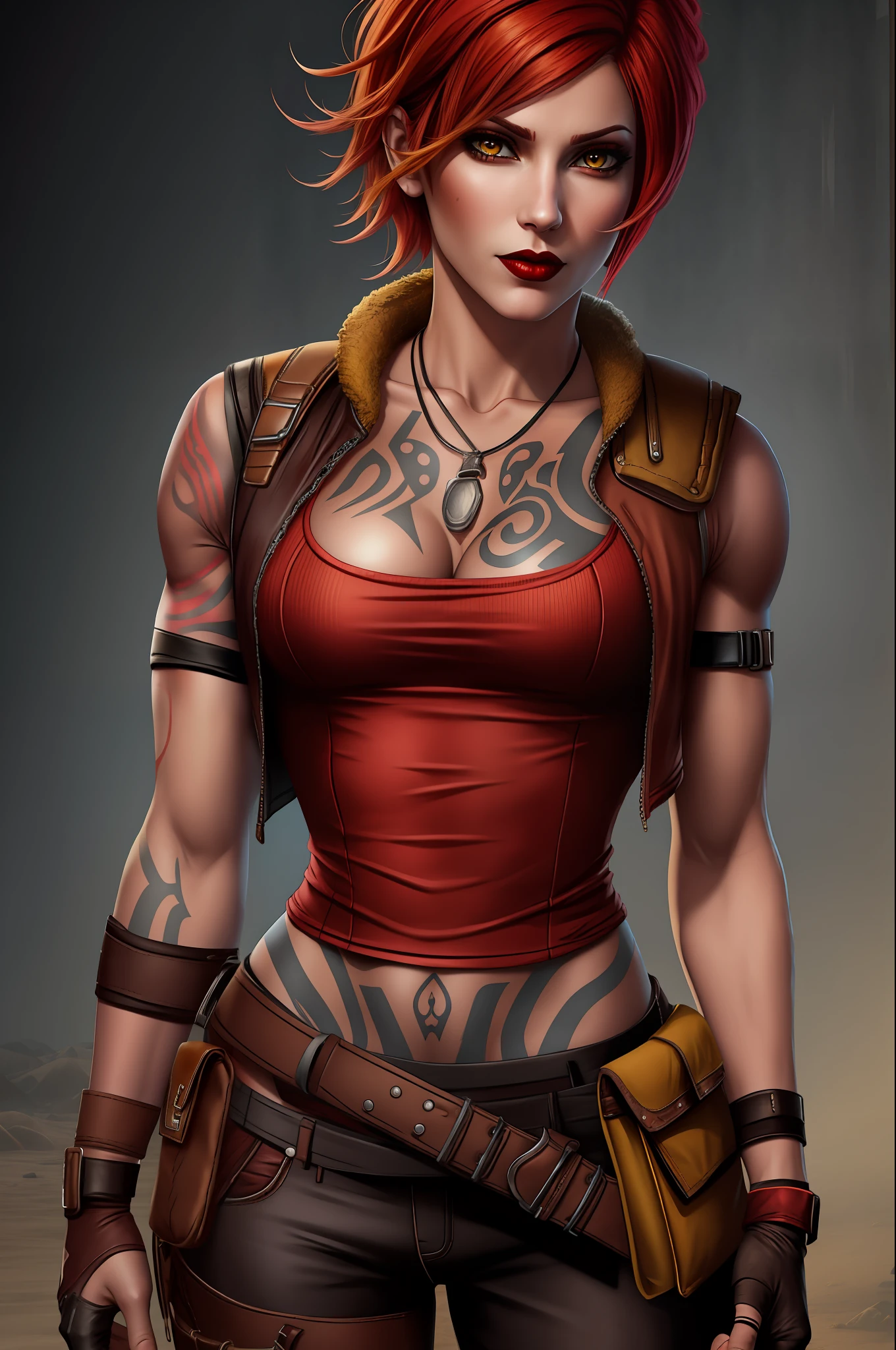 lilith (borderlands), masterpiece, best quality, tattoo, open vest, 1girl, yellow eyes, red hair, arm tattoo, short hair, gloves, pouch, breasts, cowboy shot, makeup, solo, swept bangs, cleavage, vest, fingerless gloves, lipstick, flipped hair, pants, torn clothes, belt pouch, clothes around waist, belt, bangs, medium breasts, looking at viewer, red lips, closed mouth, collarbone, standing, breast tattoo, torn shirt, black gloves, open clothes, wristband, torn pants, shirt, cropped vest, lips, jacket around waist, pocket, stomach tattoo, brown belt, red shirt, buttons, multiple belts, buckle, yellow jacket, fishnets, sleeveless, jewelry, brown gloves