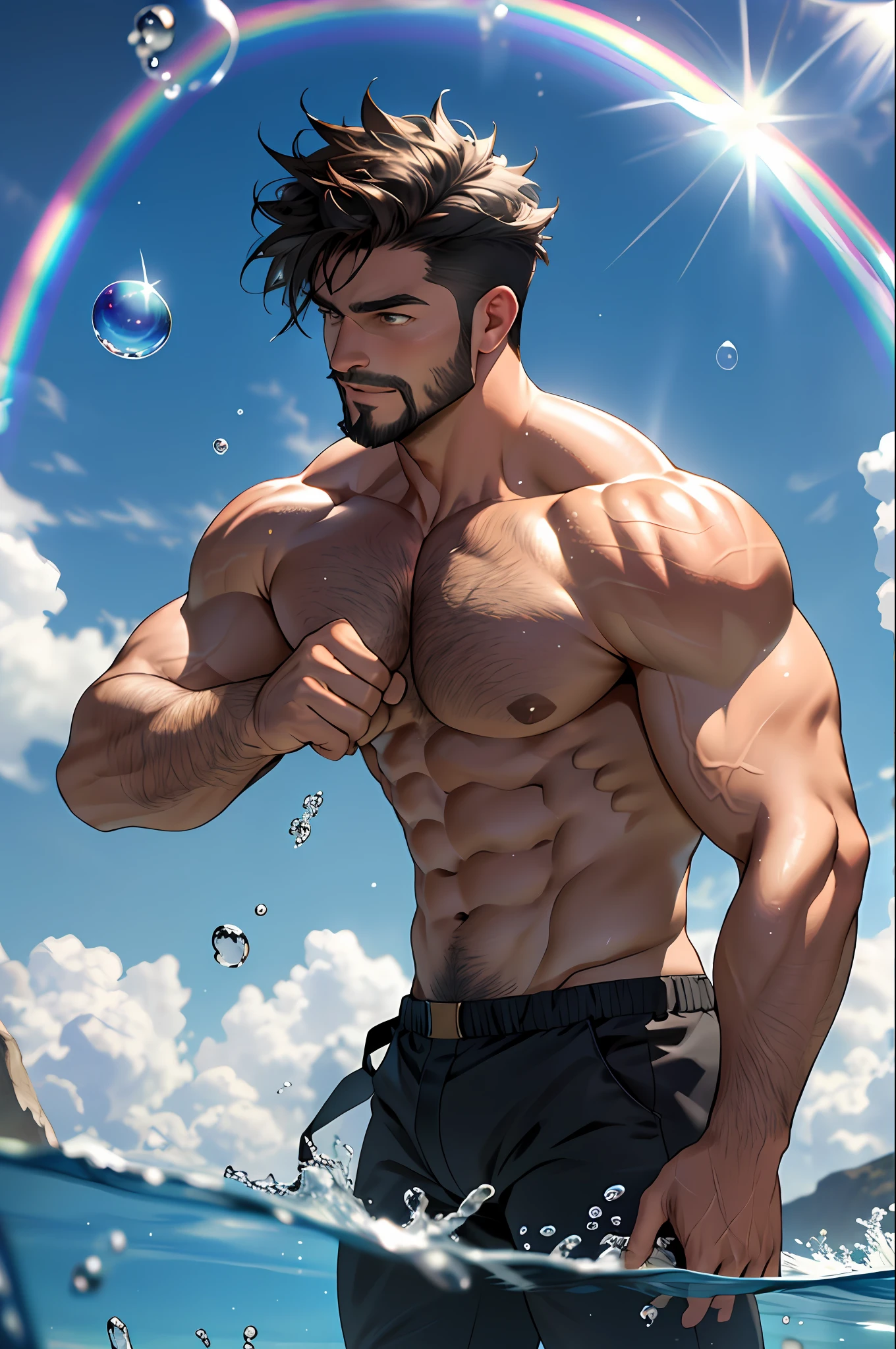 best quality, masterpiece, ultra high resolution,detailed background,realistic,solo,male,cowboy shot,mature,bara,topless,muscular,mature male,thick thighs,short hair,facial hair,recess,short hair,magic circle,bubble,in water,reflected mirror,rainbow light, bubble swirling, wind swirling, aurora, fantasy setting, depth of field, homosexual god, sexy
