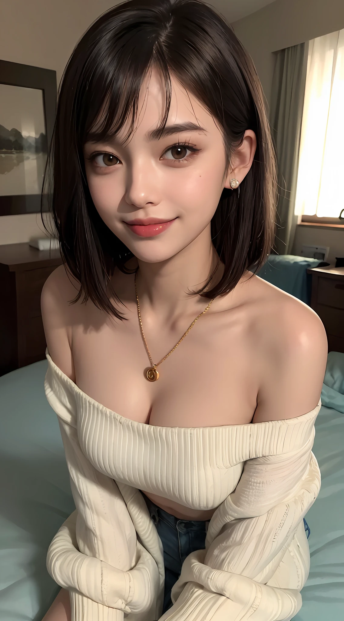 (top quality, 8k, masterpiece: 1.3), pretty woman with perfect figure: 1.4, dark brown hair, big, wearing pendants, torn shorts, sleeping in bedroom, very detailed face and skin, detailed eyes, double eyelids, top quality, masterpiece, (photorealistic: 1.4), one woman, golden ratio, high angle shot, upper eye care, low angle shot, perfect face, beautiful figure, cute face, face close-up, zoom in on face, short bob, short hair, smile from different angles, smile, gloss, highlight, gloss, glossy on skin, glossy on skin, wet skin, wet, bangs, cute smile, bust, off-shoulder, refreshing charm, elegant, perfect hands, smile from angle, smile, shiny, highlight, glossy skin, bangs, bust, big, Warm off-shoulder, refreshing charm, ears out, gaze to the camera, poses at different angles
