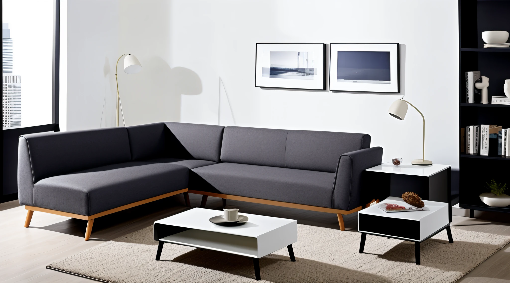 Multifunctional furniture, sofa bed and folding table complement each other perfectly for a minimalist and functional environment.