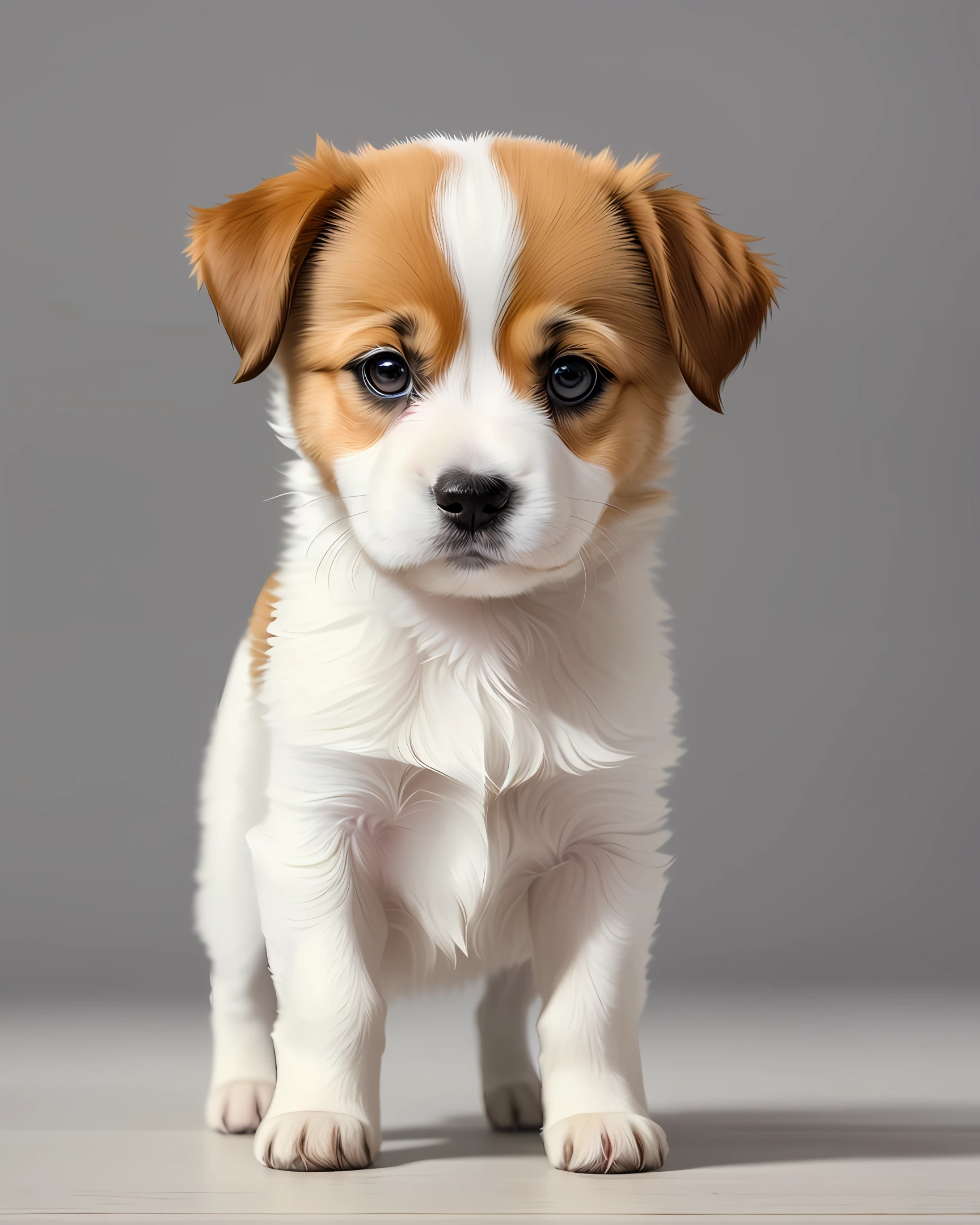 Dog, puppy, realistic, 8k, short legs, white and light brown colors, white stripe between eyes, standing.
