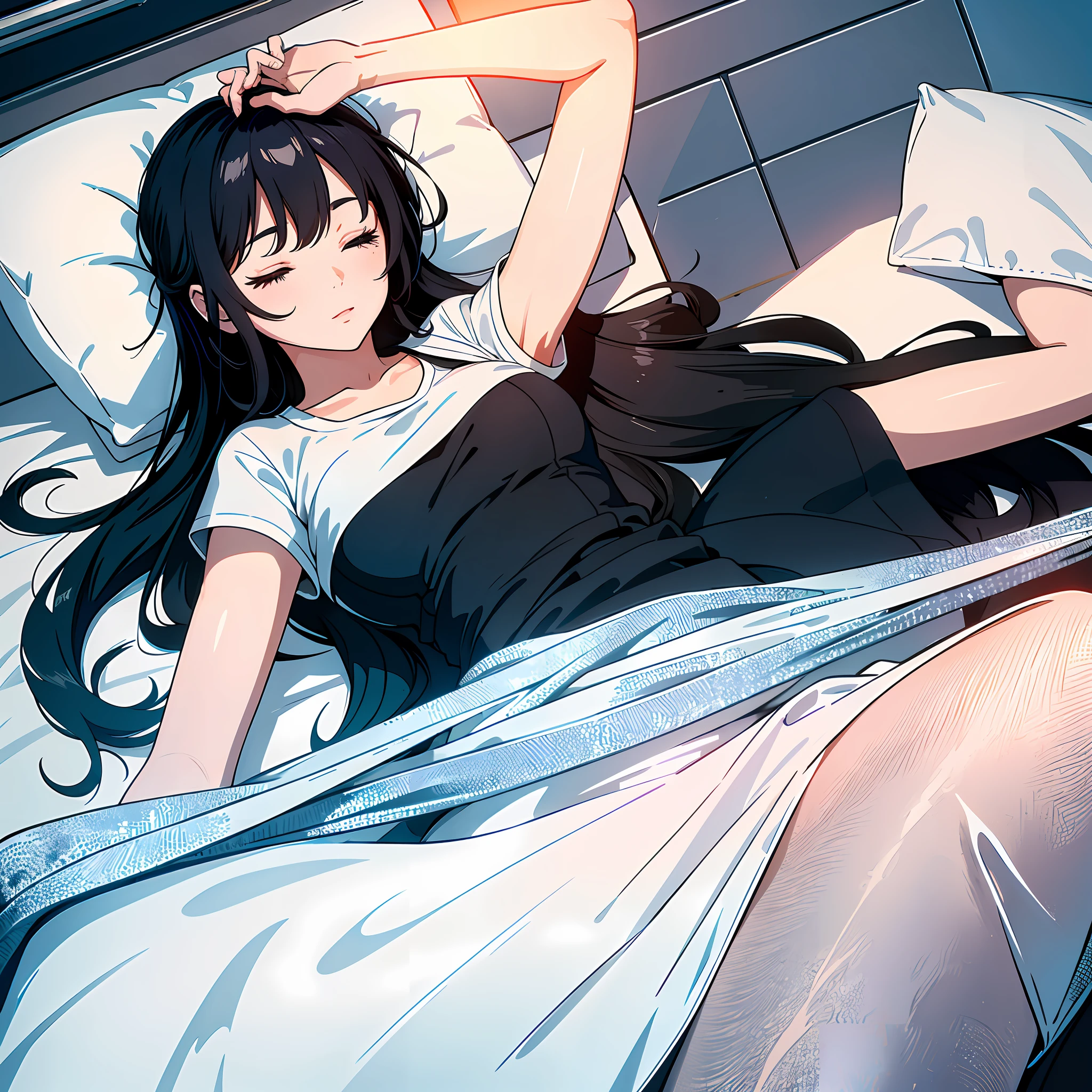 Ultra High Resolution, 16k, ((Masterpiece)), ((Best Quality))), ((Ultra Detailed)), Upper Body View, A Girl with Long Black Hair, Eyes Closed, Lying on a Hospital Bed