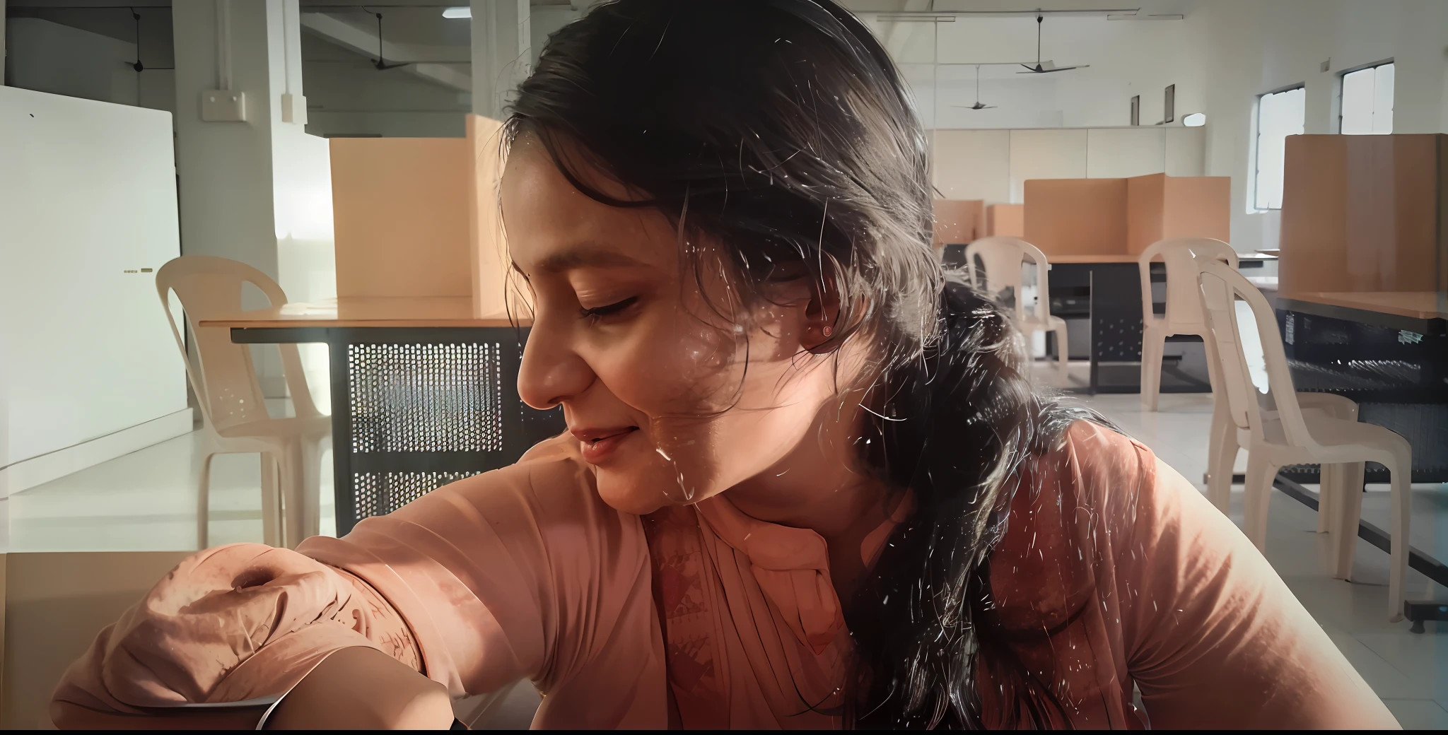 there is a woman that is eating a doughnut with a fork, captured with sony a3 camera, taken with sony alpha 9, shot on sony a 7, candid picture, still from a movie, taken with sony a7r camera, in a workshop, with the sun shining on it, looking from side, an film still, inspired by T. K. Padmini