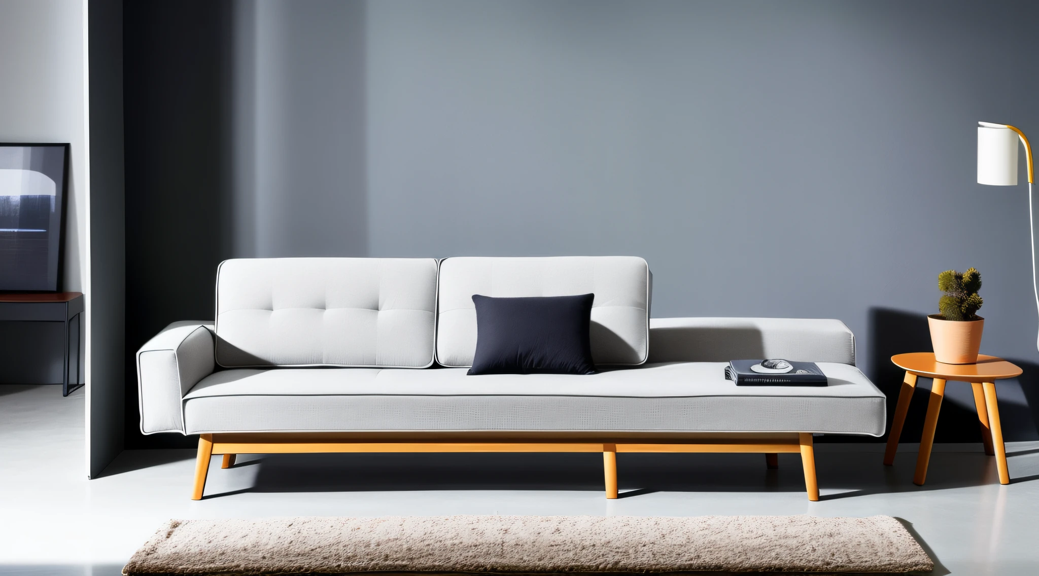Multifunctional furniture, sofa bed and folding table complement each other perfectly for a minimalist and functional environment.