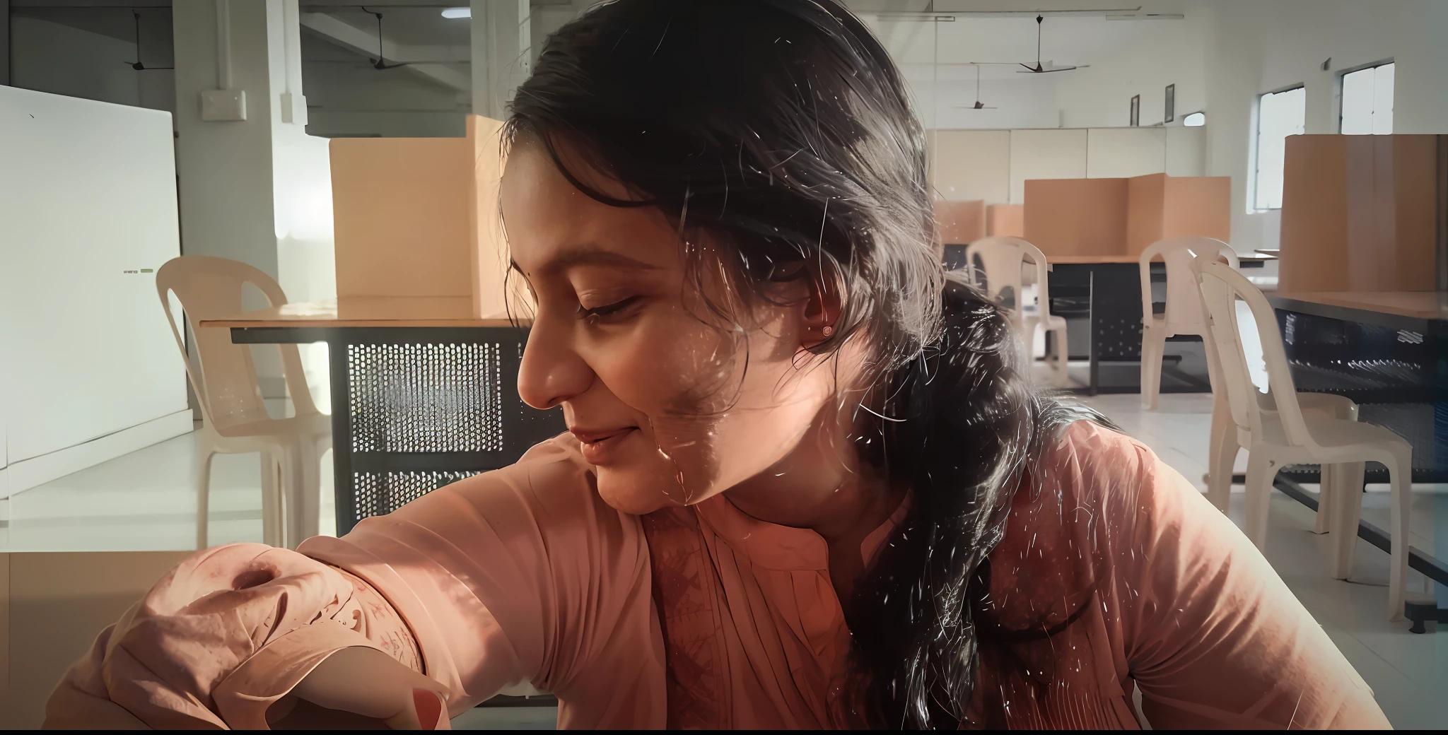 there is a woman that is eating a doughnut with a fork, captured with sony a3 camera, taken with sony alpha 9, shot on sony a 7, candid picture, still from a movie, taken with sony a7r camera, in a workshop, with the sun shining on it, looking from side, an film still, inspired by T. K. Padmini