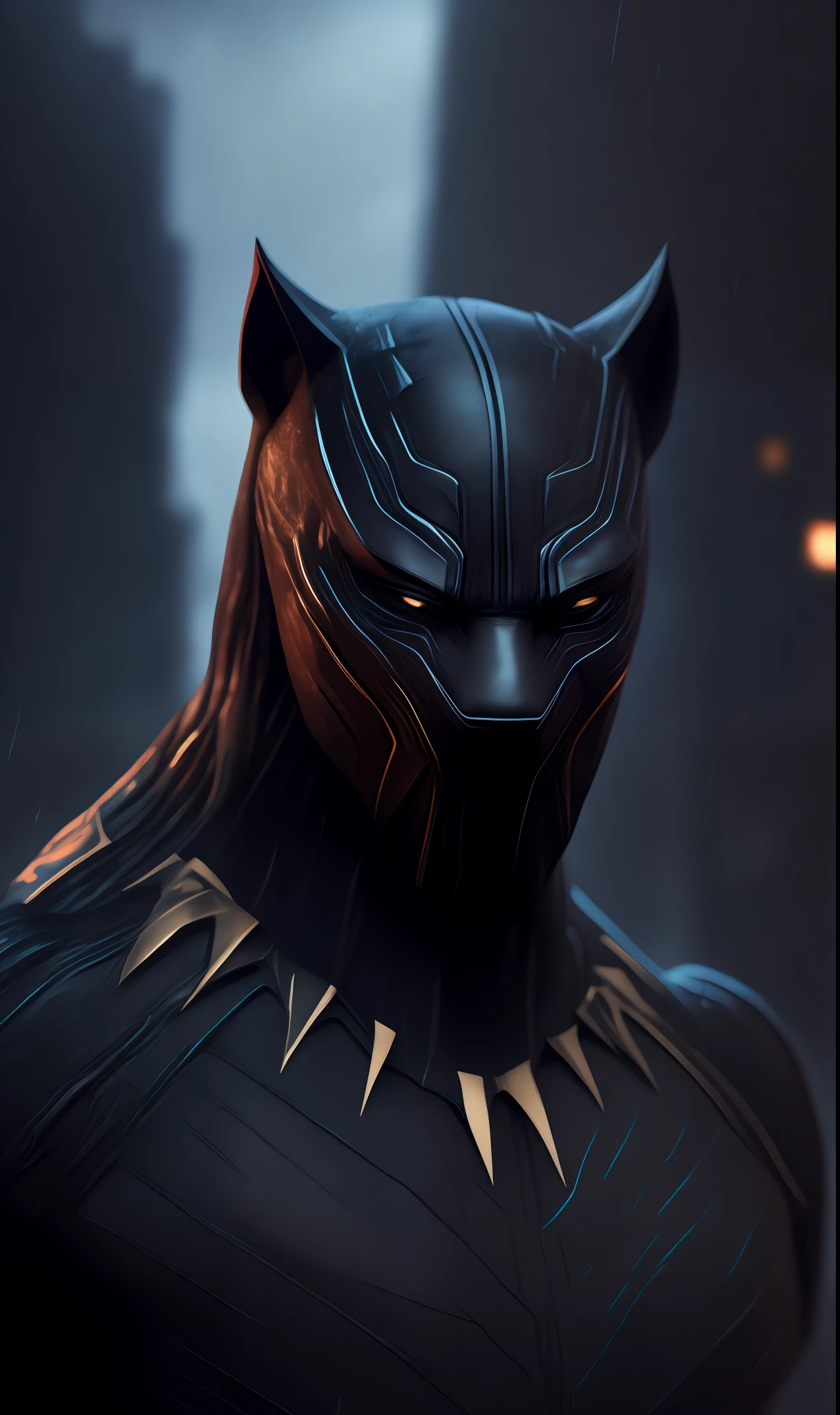 Photo of Black Panther from Marvel standing outside the city 17, rainy, rtx, octane, unreal