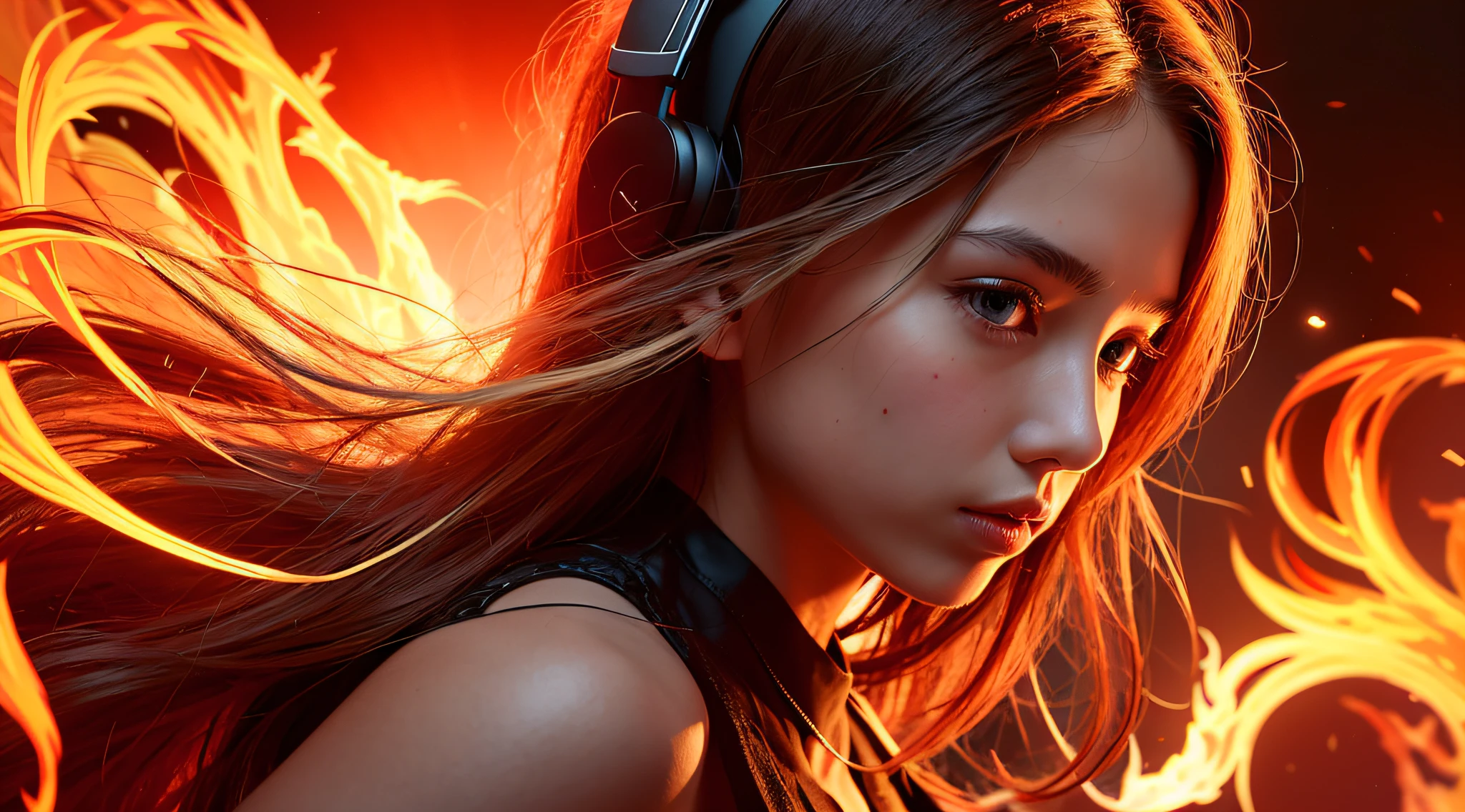 there is a 14 YEAR OLD GIRL in black top and headphones, LONG BLONDE HAIR, PORTRAIT STYLE, CLOSE UP, portrait photo, background art, wearing tumultuous flames, RAYS surround her, her body made of flames, on fire, on fire, goddess of hot fire, girl wearing headphones WITH RAIOS, burning in hell,  flames around her body, her hair is on fire, intense steaming, burning atmosphere, engulfed in swirling flames