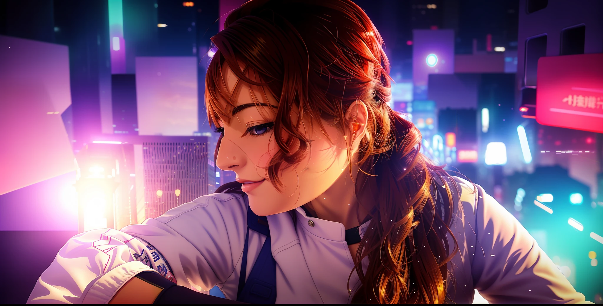 "(Best-quality:0.8), anime-style, extreme close-up portrait of a beautiful woman walking through a bustling cityscape, surrounded by vibrant streetlights and glowing advertisements".