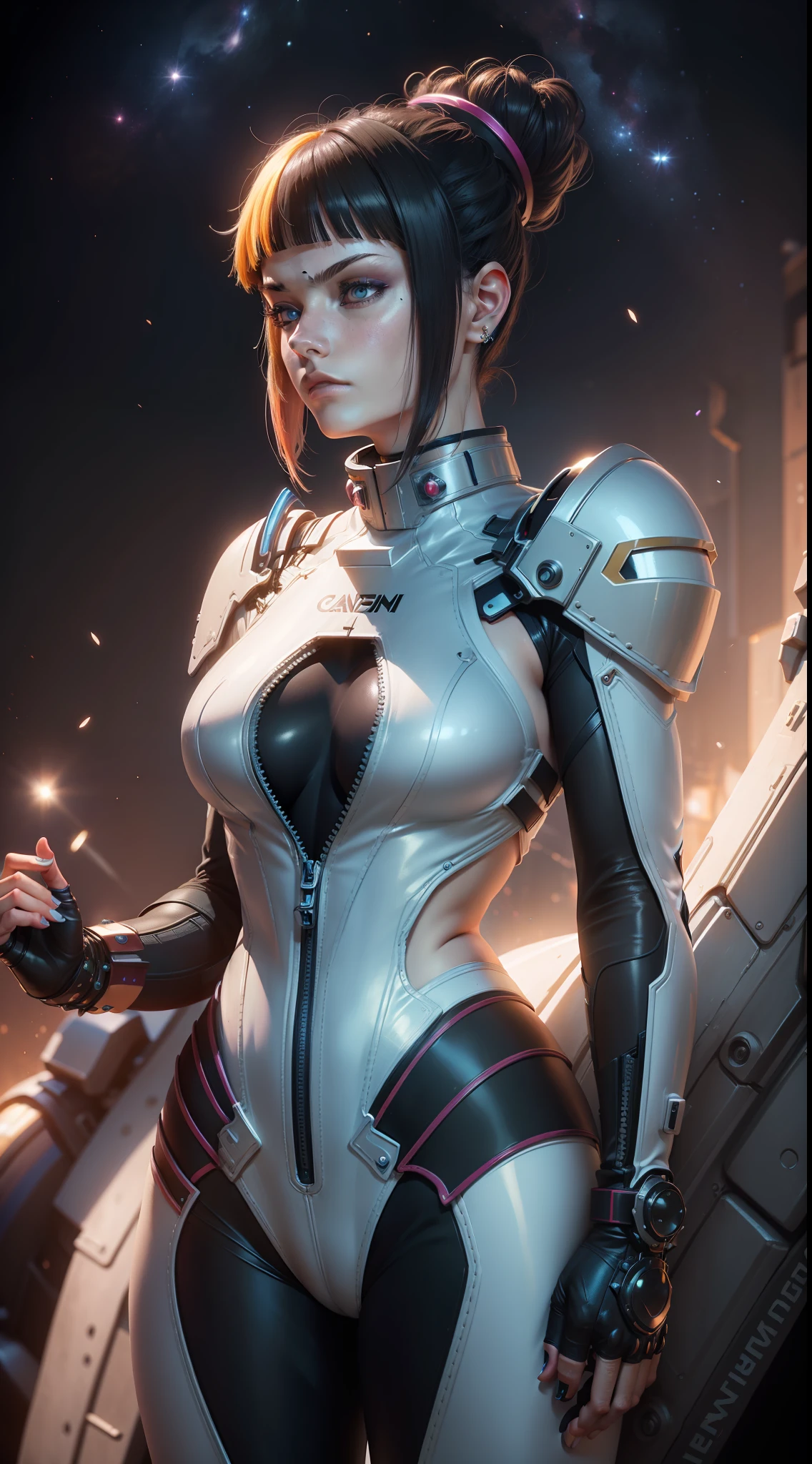 ((masterpiece 1.2)), high details, cyber punk, meditating, space suit, woman with piercing gaze, golden hair, set in spaceship, galaxy background, (4K), cinema, dramatic lighting, deep shadows, (intense HDR), canon lens, lens flare, textured