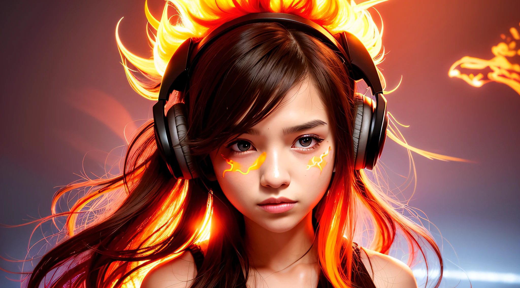 there is a 14 YEAR OLD GIRL in black top and headphones, LONG BLONDE HAIR, PORTRAIT STYLE, CLOSE UP, portrait photo, background art, wearing tumultuous flames, LIGHTNING surround her, her body made of flames, on fire, on fire, goddess of hot fire, girl wearing headphones WITH LIGHTNING, burning in hell,  flames around her body, her hair is on fire, intense steaming, burning atmosphere, engulfed in swirling flames