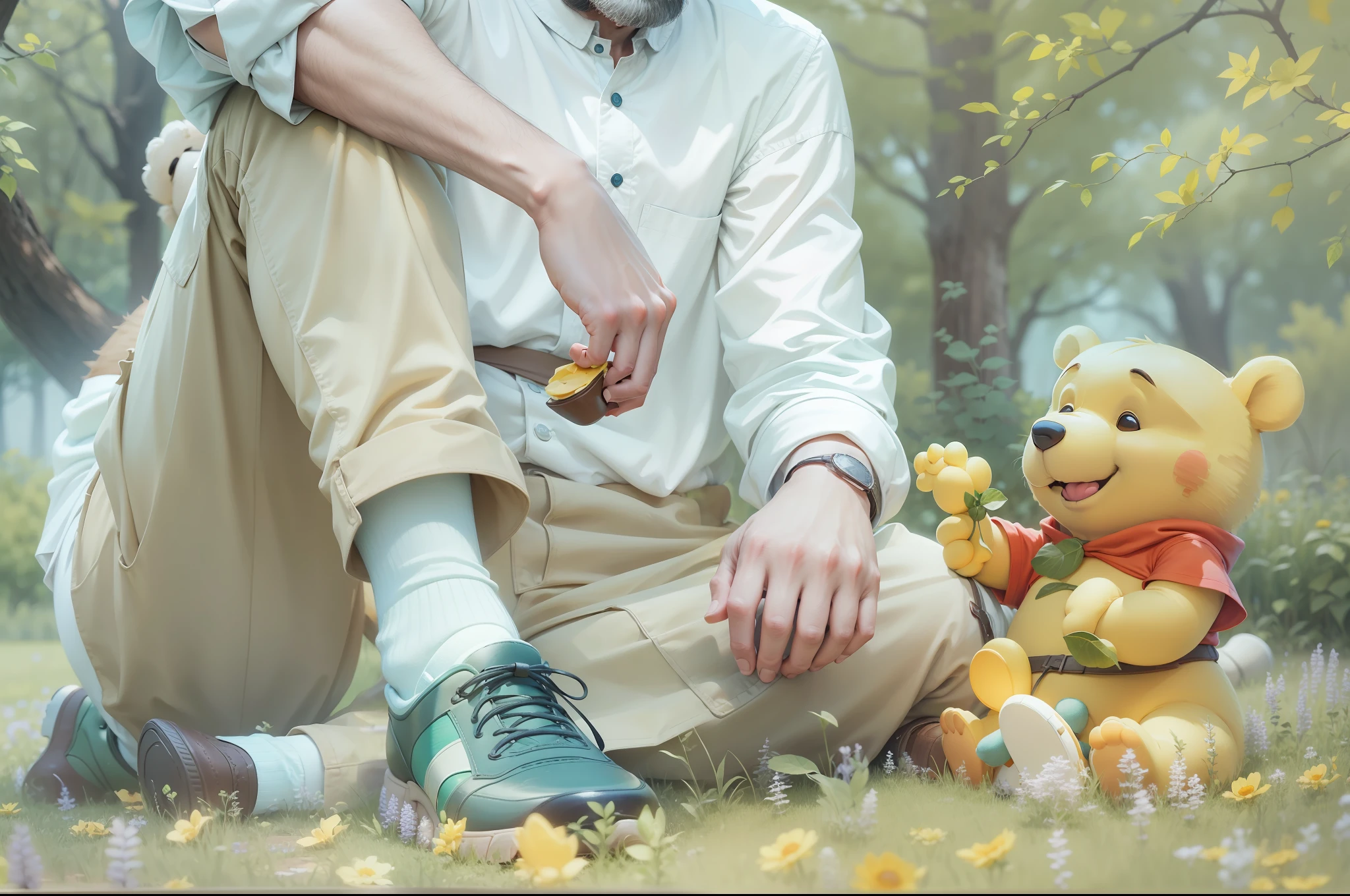 A man sitting on the grass with the bear (winnie the pooh)