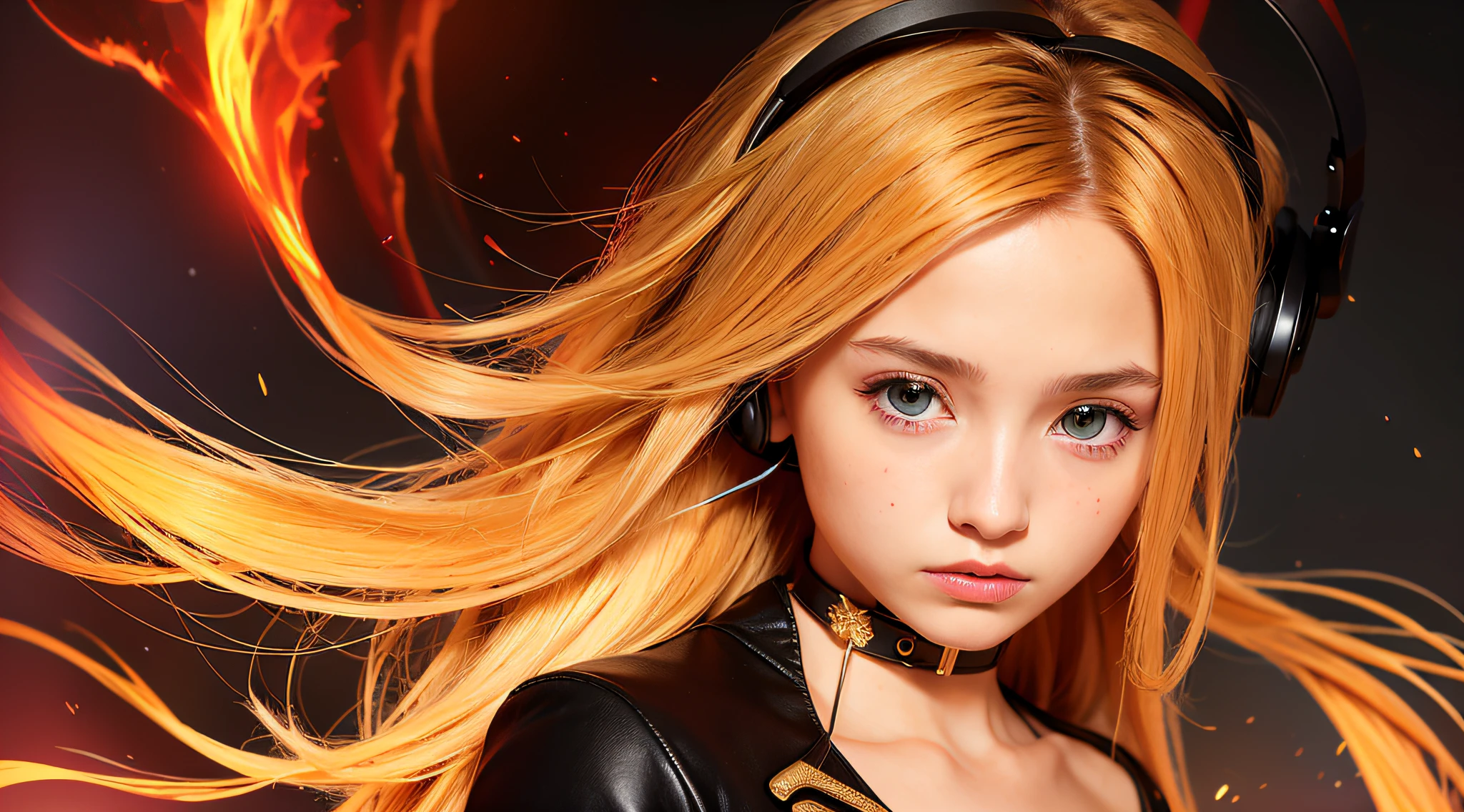 there is a 14 YEAR OLD GIRL in black top and headphones, LONG BLONDE HAIR, PORTRAIT STYLE, CLOSE UP, portrait photo, background art, wearing tumultuous flames, LIGHTNING surround her, her body made of flames, on fire, on fire, goddess of hot fire, girl wearing headphones WITH LIGHTNING, burning in hell,  flames around her body, her hair is on fire, intense steaming, burning atmosphere, engulfed in swirling flames