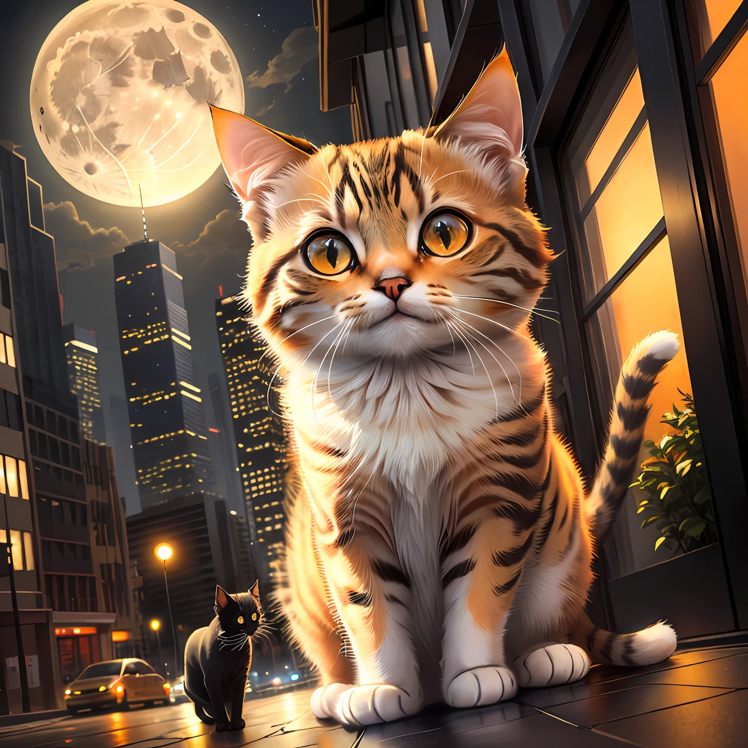 cat, orange, cute, big eyes, masterpiece, full moon, skyscrapers, street