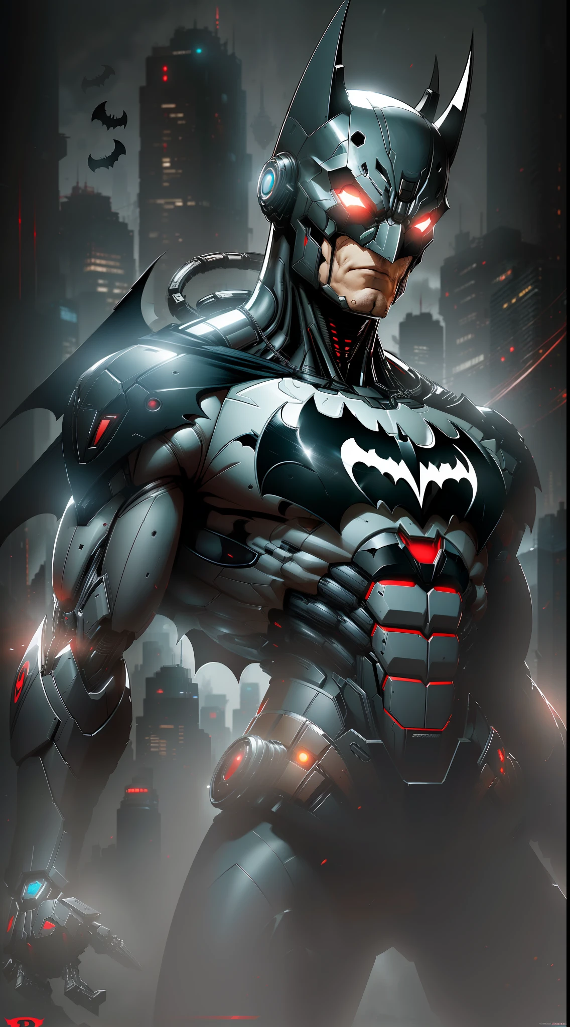 Batman Beyond from DC photography, biomechanical, complex robot, full growth, hyper-realistic, insane small details, extremely clean lines, cyberpunk aesthetic, a masterpiece featured on Zbrush Central