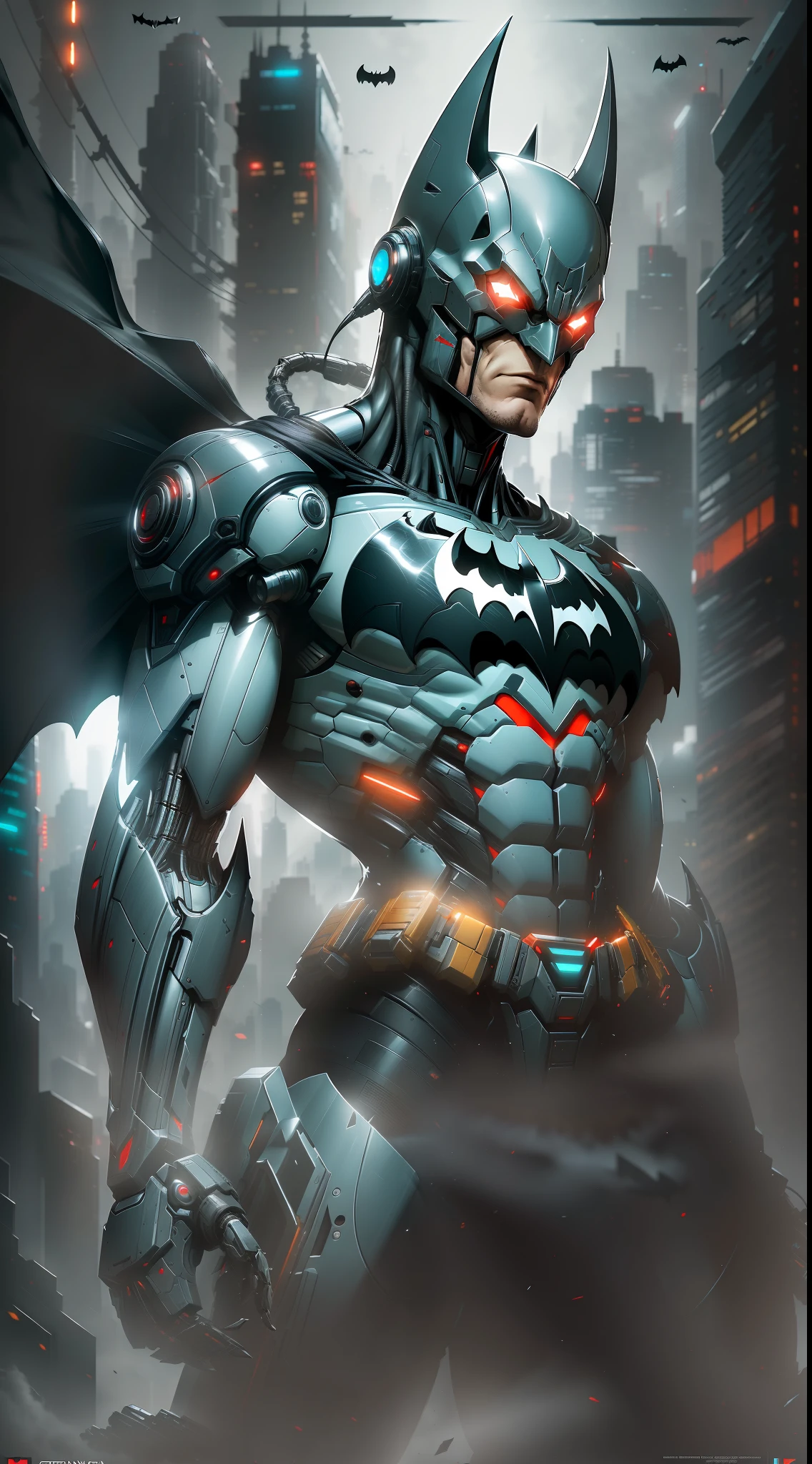Batman Beyond from DC photography, biomechanical, complex robot, full growth, hyper-realistic, insane small details, extremely clean lines, cyberpunk aesthetic, a masterpiece featured on Zbrush Central