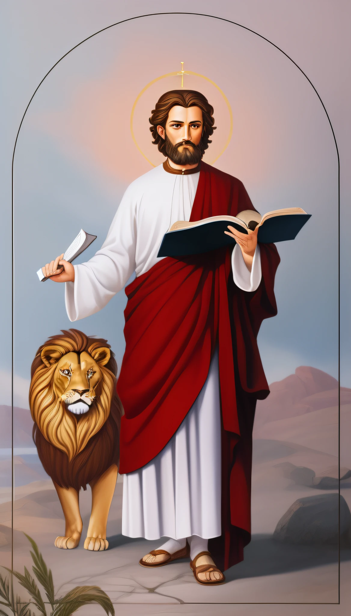 saint mark painting, holding a book and a lion, bible illustration, holding a beautiful lion, christian saint, orthodox st. mark, catholic religious art, jesus, christian art, full portrait, roman catholic icon, digitally painted, wide portrait, full body photo, orthodox saint, biblical art style, color illustration, color digital illustration --auto --s2