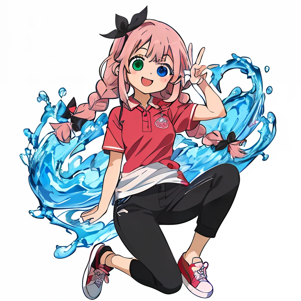 One girl, (heterochromia, blue and green eyes: 1.8), shining eyes, (illustration: 1.1), (chibi: 0.5), holding a water bottle, ((((Masterpiece, Super Detail, Top Quality, 8K, Kyoto Animation Animation Illustration)), (Caregiver, 1 Cute Girl, Big, Solo, Upright, Peace, Watch Viewer, Full Body, Front, Cute Open Mouth, Happy Smile: 1.3), (****: 1.2), (cute: 1.5), (red short-sleeved polo shirt and black tight long pants, long heat tech inner shirt: 1.5), (footwear: sneakers), (pale pink hair, braid, long hair, cute ribbon: 1.1), thin eyebrows,