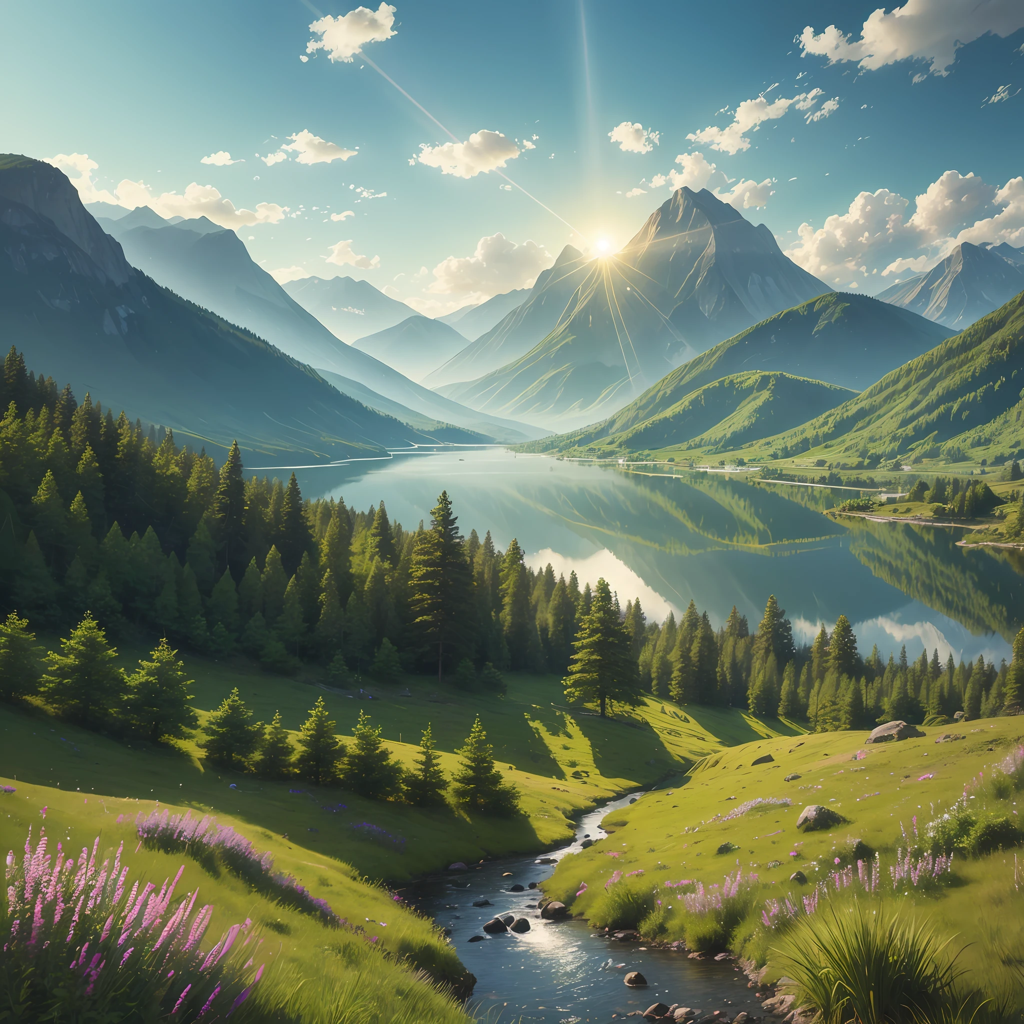 A landscape, with mountains, no houses, a crystal clear lake in front, with very green vegetation and rays of sun, beautiful landscape, green environment, oil painting, highly detailed, volumetric dynamic lighting, cinematic lighting --auto --s2