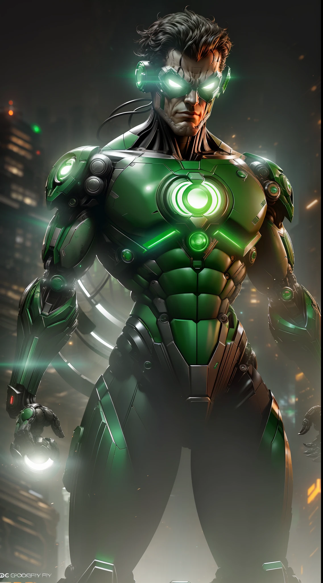 Green Lantern from DC photography, biomechanical, complex robot, full growth, hyper-realistic, insane small details, extremely clean lines, cyberpunk aesthetic, a masterpiece presented at Zbrush Central