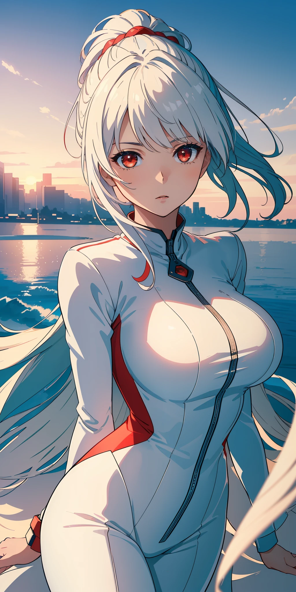 ((masterpiece:1.3)), ((best quality:1.3)), ((UHD landscape:1.2)), ((extremely detailed 8k CG unity wallpaper)), ((cinematic soft lighting)), ( (face details)), ((eye details:1.2)), ((soft and beautiful colors)), (1girl), (body details:1.3), A beautiful girl with white hair, (red eyes), thin body, wearing a kind of white jumpsuit, in a futuristic city setting, in a charming cinematic light, with tones artistic and beautiful, her face is serious looking forward, a passing wind blows her hair making them go in the wind, in a delicate and incredible way.