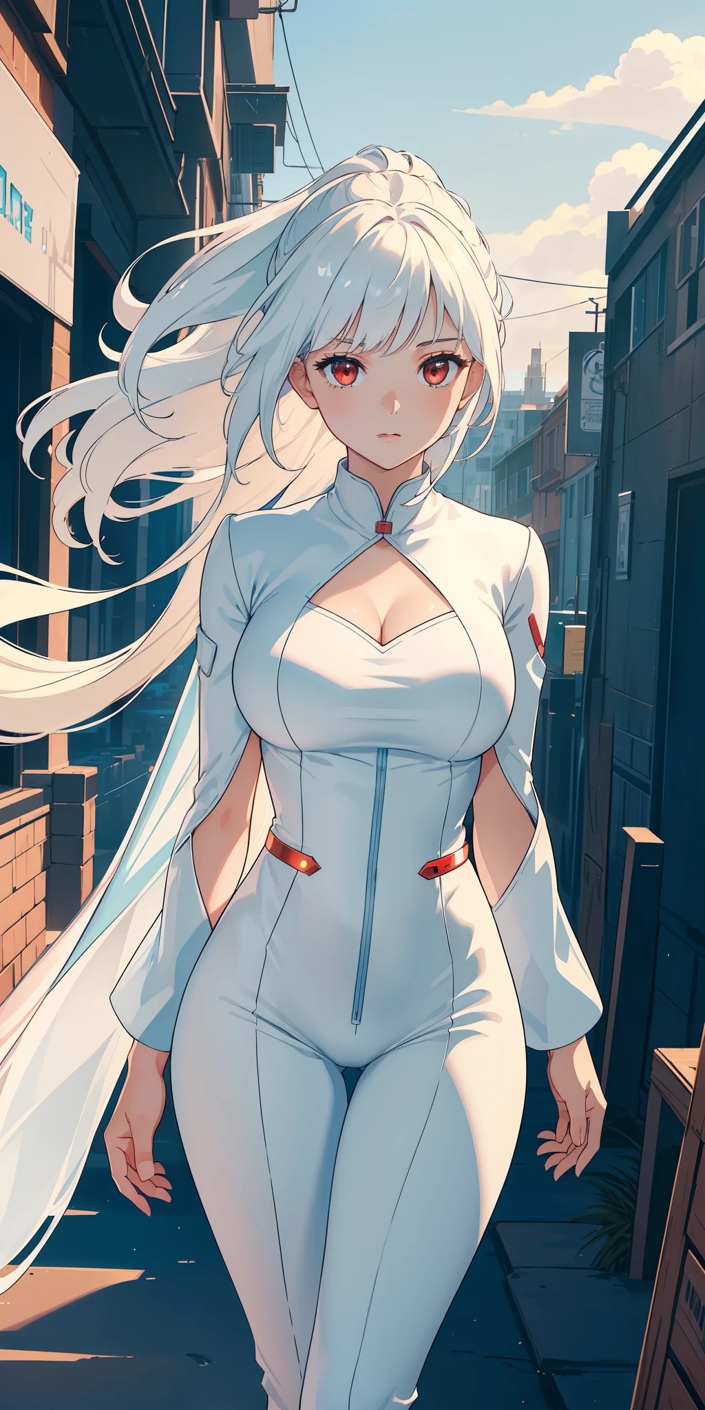 ((masterpiece:1.3)), ((best quality:1.3)), ((UHD landscape:1.2)), ((extremely detailed 8k CG unity wallpaper)), ((cinematic soft lighting)), ( (face details)), ((eye details:1.2)), ((soft and beautiful colors)), (1girl), (body details:1.3), A beautiful girl with white hair, (red eyes), thin body, wearing a kind of white jumpsuit, in a futuristic city setting, in a charming cinematic light, with tones artistic and beautiful, her face is serious looking forward, a passing wind blows her hair making them go in the wind, in a delicate and incredible way.