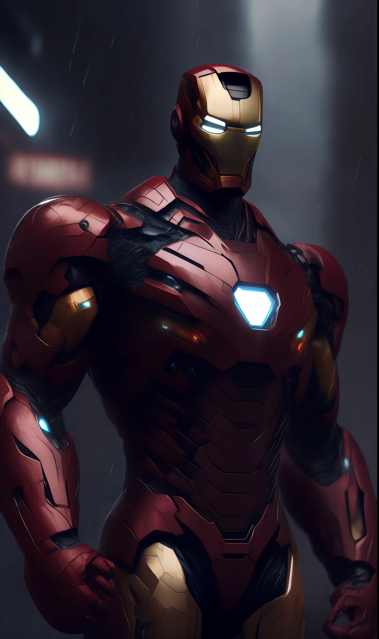 photo of Iron Man from Marvel standing outside the city 17, rainy, rtx, octane, unreal