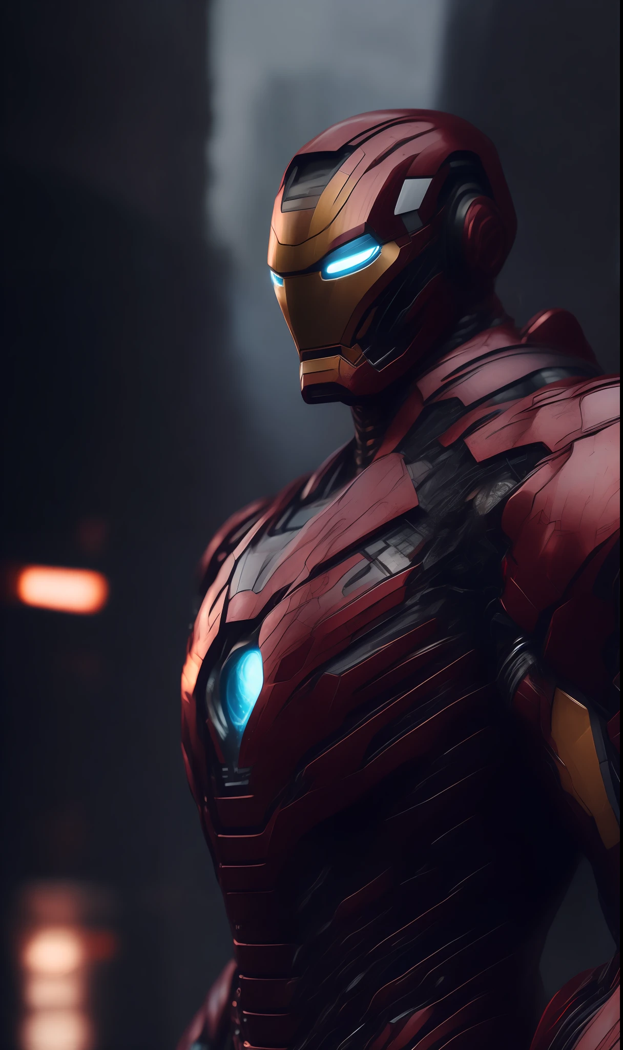 photo of Iron Man from Marvel standing outside the city 17, rainy, rtx, octane, unreal