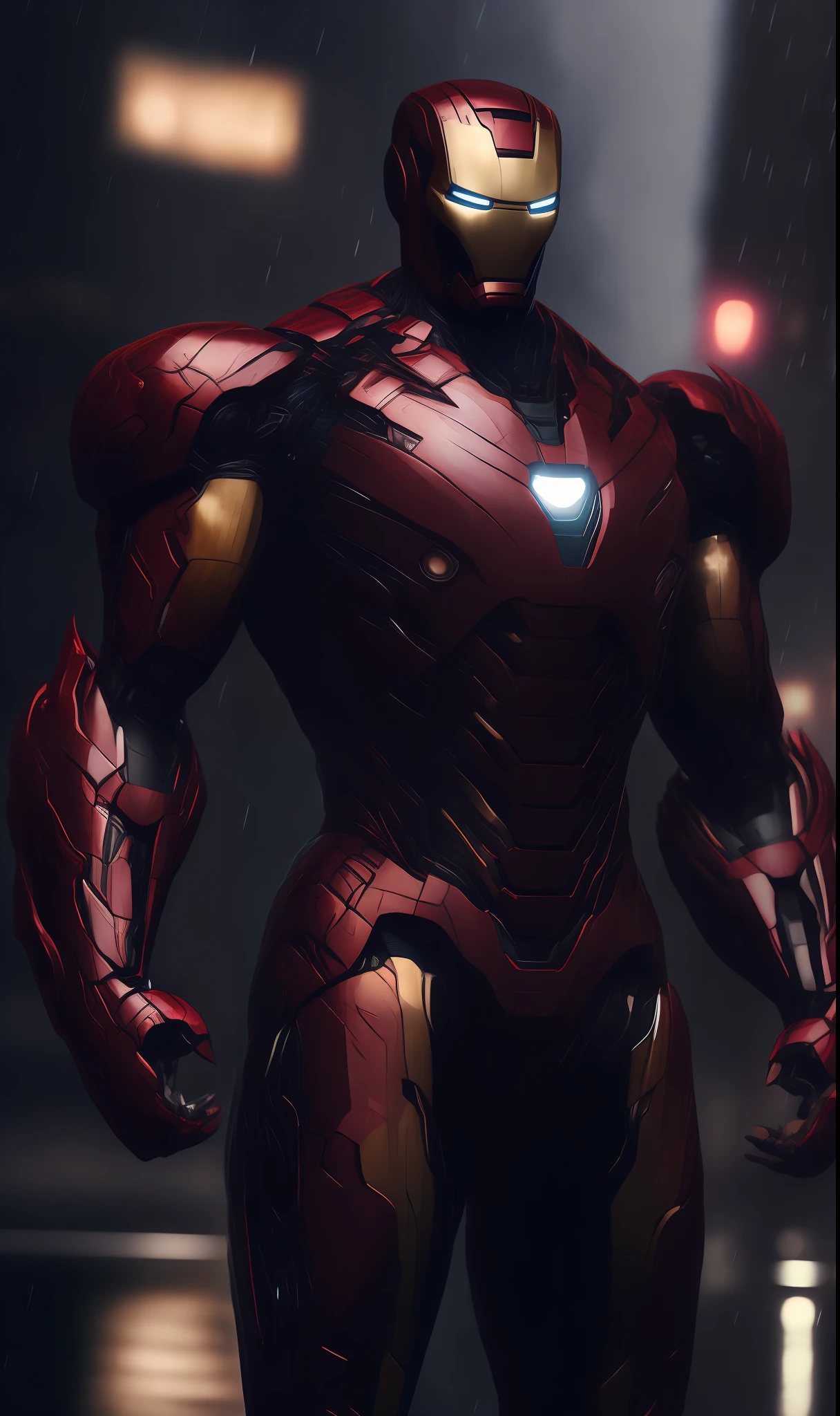 photo of Iron Man from Marvel standing outside the city 17, rainy, rtx, octane, unreal