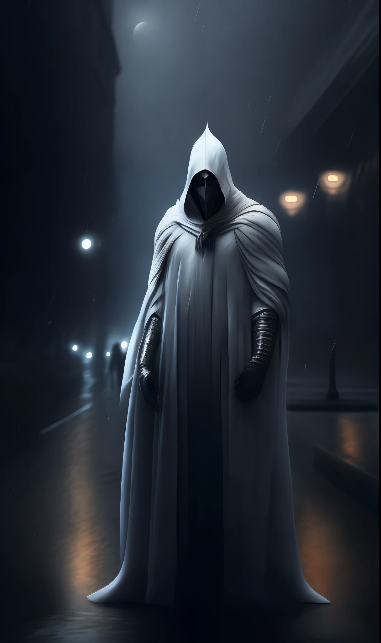 photo of Moon Knight from Marvel standing outside the city 17, rainy, rtx, octane, unreal