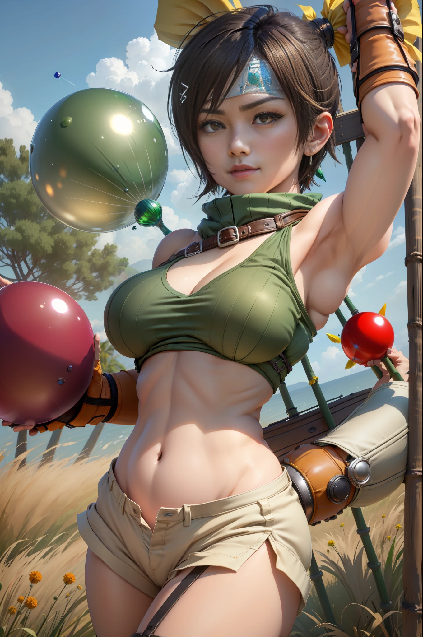 masterpiece, best quality, yuffie kisaragi, headband, green bikini, shoulder armor, armguard, fingerless gloves, tan shorts, single thighhigh, fishnets, upper body, looking at viewer, furrowed brow, smug smile, closed mouth, grass, bamboo, sky, holding up a small red crystal ball (huge drooping breasts:1.5)