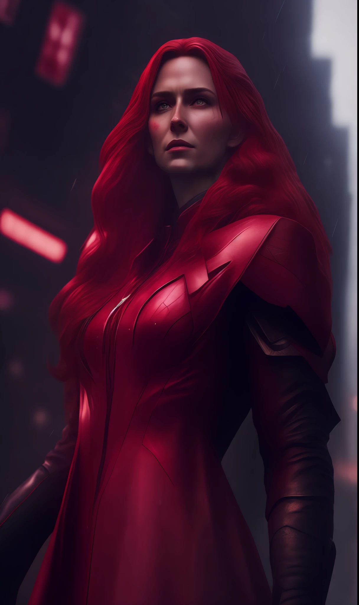 Photo of Scarlet Witch from Marvel standing outside the city 17, rainy, rtx, octane, unreal