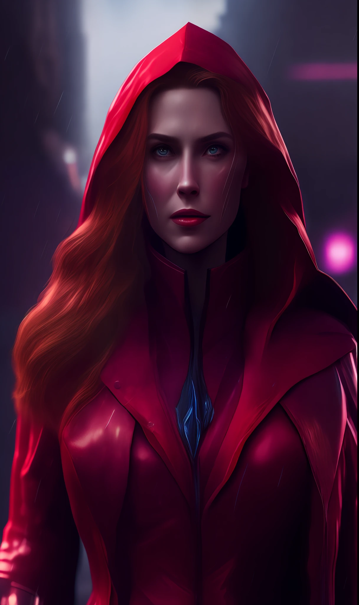 Photo of Scarlet Witch from Marvel standing outside the city 17, rainy, rtx, octane, unreal