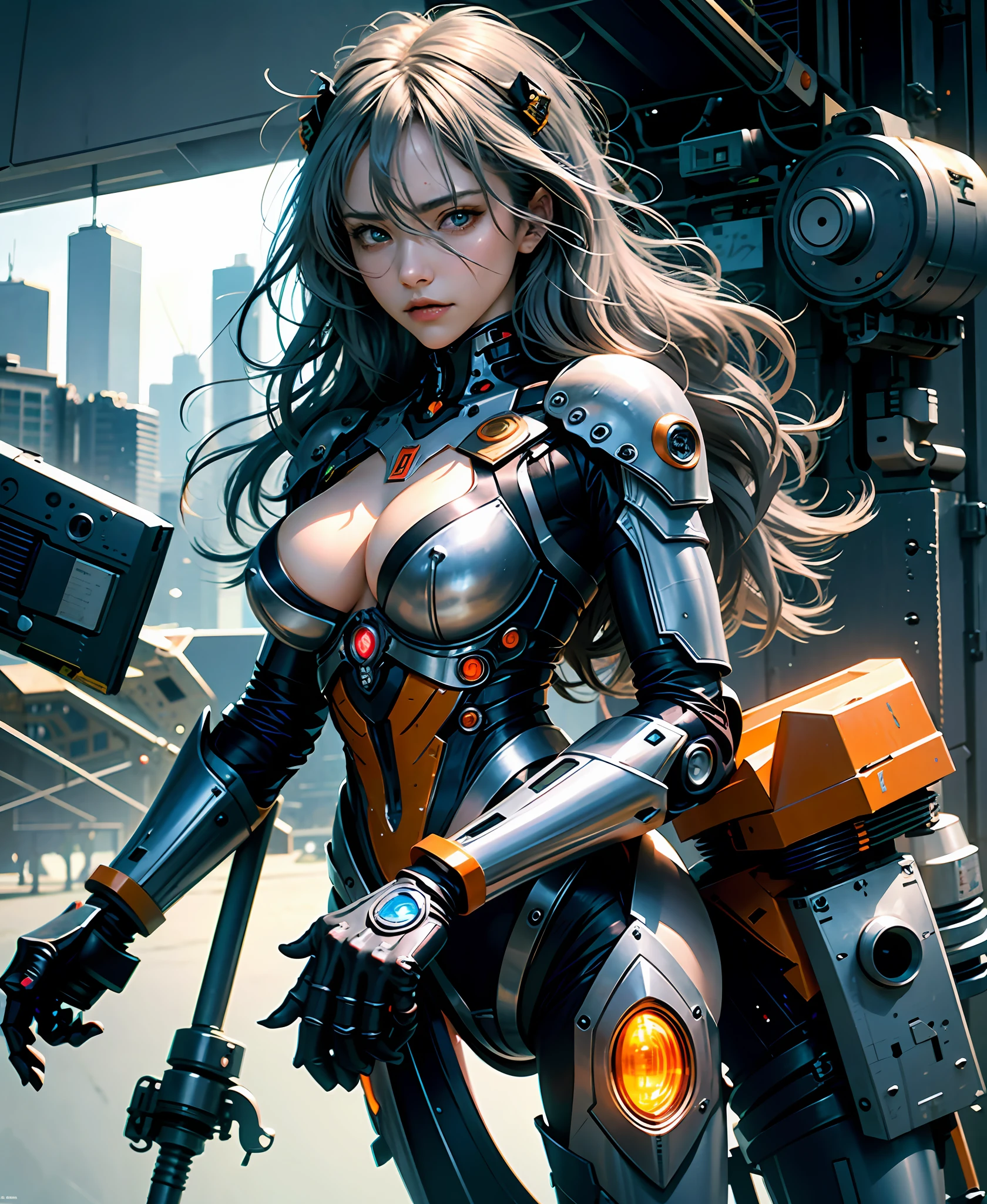 Gray hair, long fluttering hair, strong wind, orange eyes, shining eyes, evangelion girl, big, face and breasts raw, cleavage visible. Photoreal, Portfolio, Evangelion Inspired Metal Mech Suit, Cyberpunk, Metallic, Detailed Mech Parts, Bundle of Thin Tubes, Metal Cylinder, Detailed Neon, Fine LED, Detailed Parts