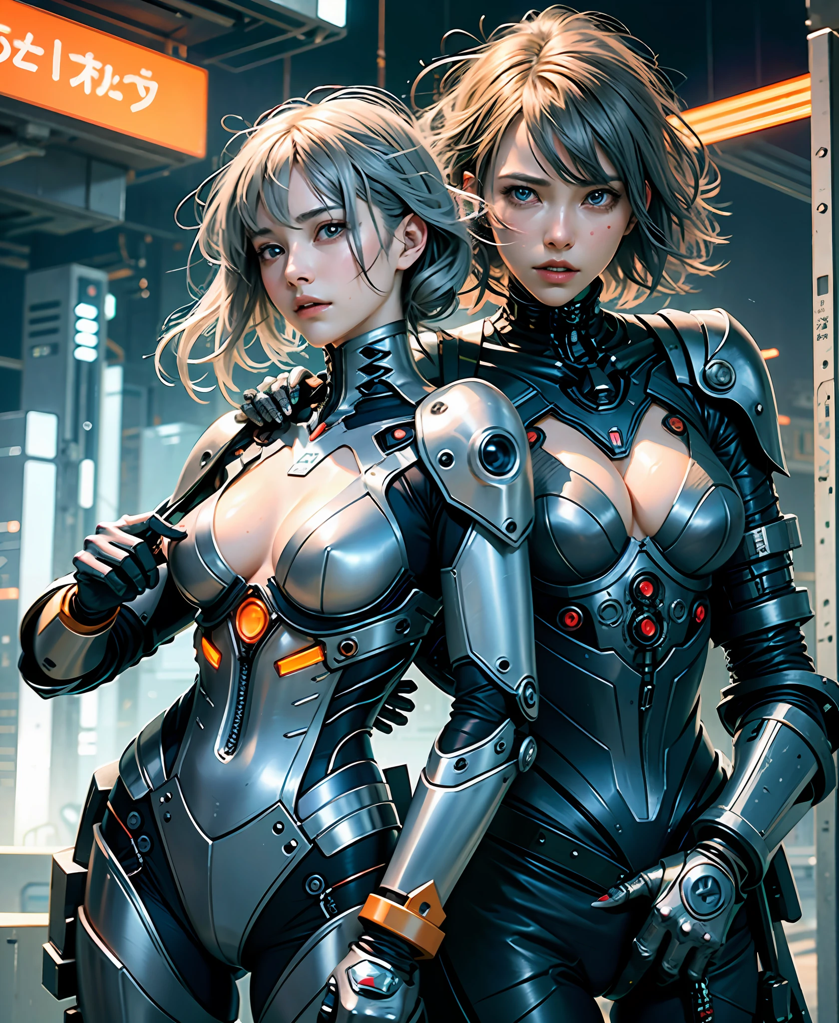 Gray hair, long fluttering hair, strong wind, orange eyes, shining eyes, evangelion girl, big, face and breasts raw, cleavage visible. Photoreal, Portfolio, Evangelion Inspired Metal Mech Suit, Cyberpunk, Metallic, Detailed Mech Parts, Bundle of Thin Tubes, Metal Cylinder, Detailed Neon, Fine LED, Detailed Parts