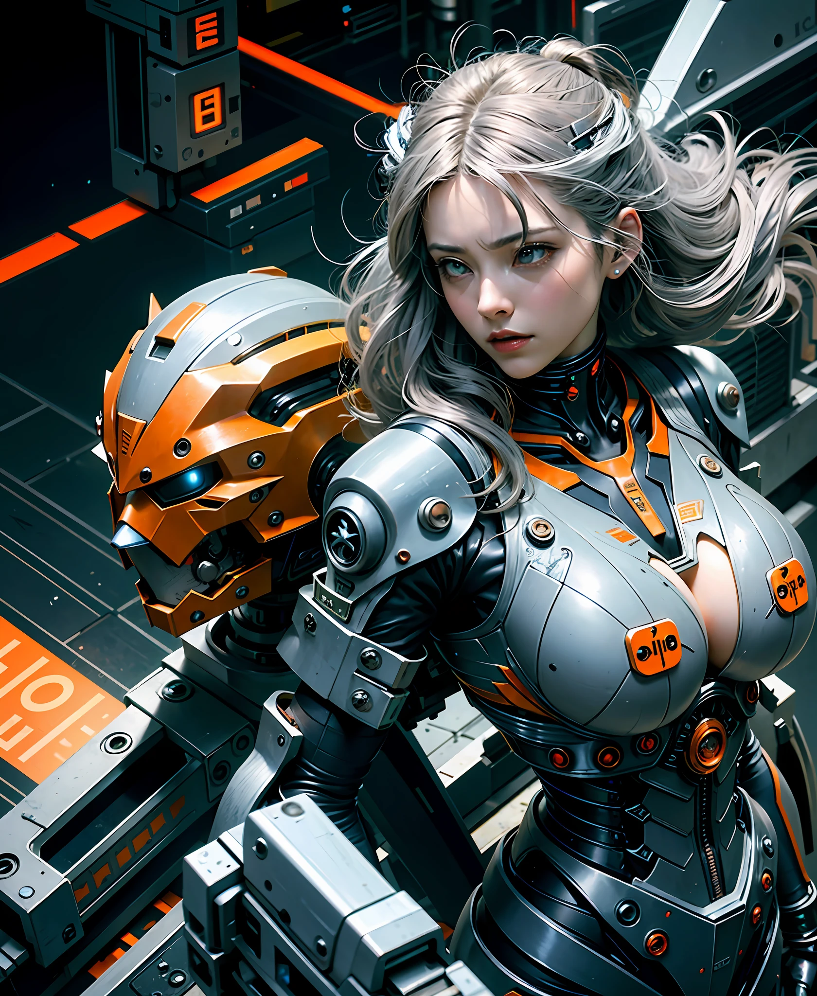 Gray hair, long fluttering hair, strong wind, orange eyes, shining eyes, evangelion girl, big, face and breasts raw, cleavage visible. Photoreal, Portfolio, Evangelion Inspired Metal Mech Suit, Cyberpunk, Metallic, Detailed Mech Parts, Bundle of Thin Tubes, Metal Cylinder, Detailed Neon, Fine LED, Detailed Parts