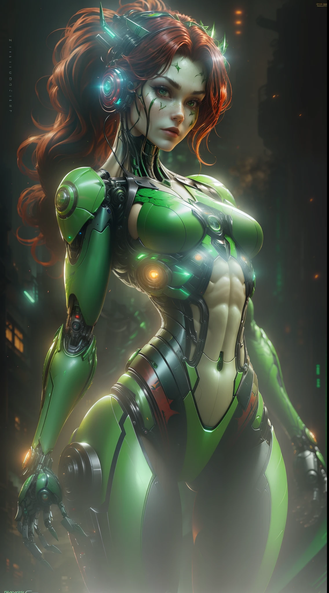 Poison Ivy from DC photography, biomechanical, complex robot, full growth, hyper-realistic, insane small details, extremely clean lines, cyberpunk aesthetic, a masterpiece featured at Zbrush Central