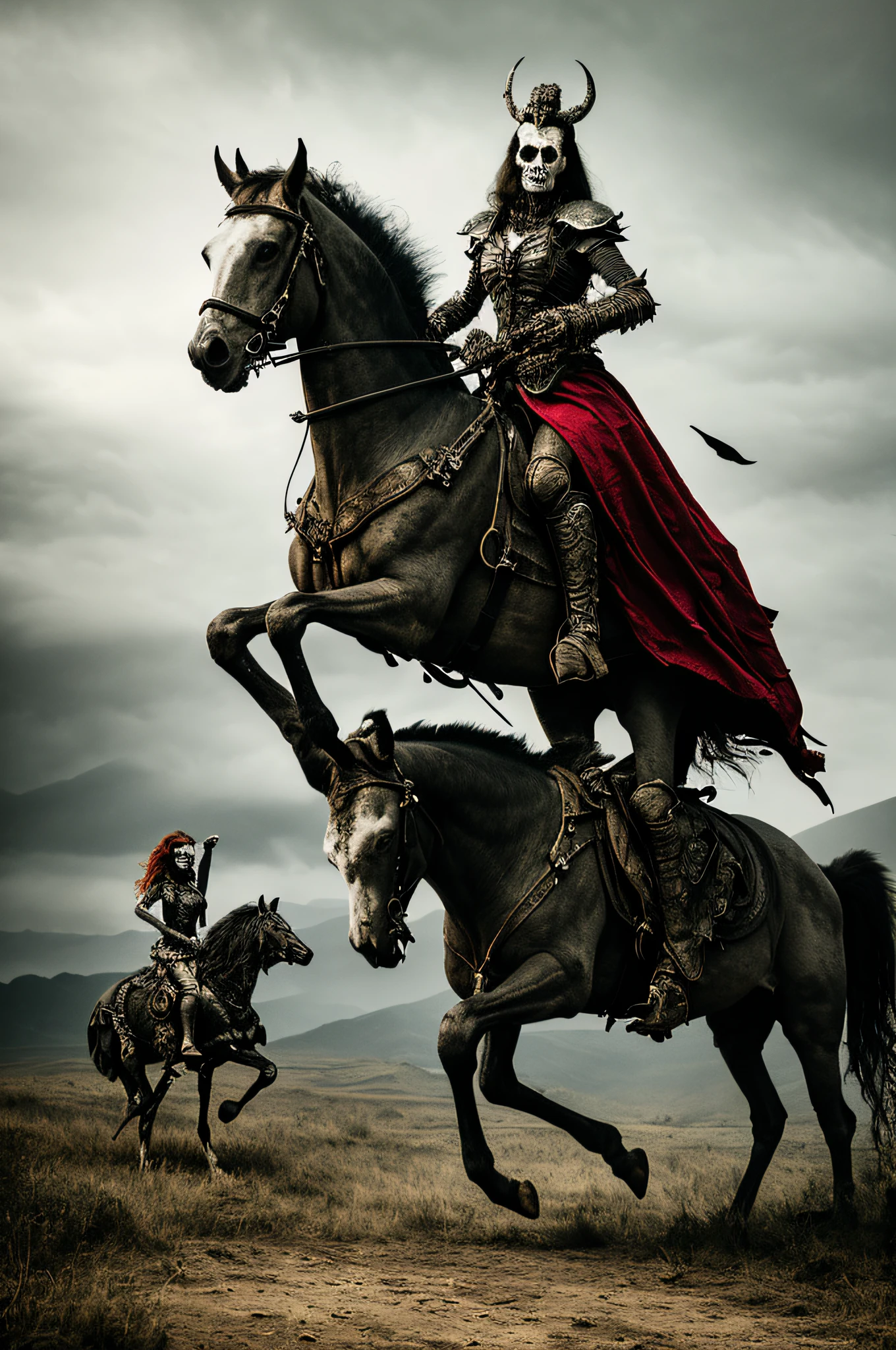 MODELSHOOT STYLE, ANALOG STYLE,wide shot, realistic, 8k resolution, hyperdetailed, highly detailed, real life, studio lighting, high quality, photo, wide landscape, bones out, rotten skull, full body, rotting female daemon queen in casual clothes, riding a battle horse from hell