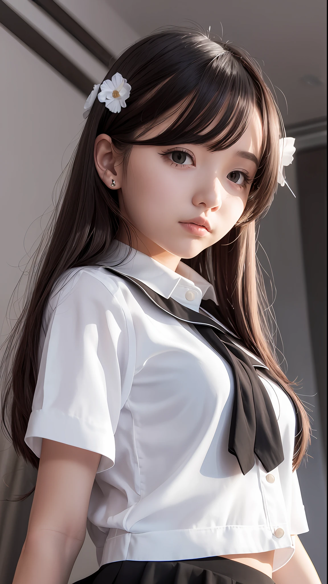 White blouse and black mini skirt, schoolgirl, from below