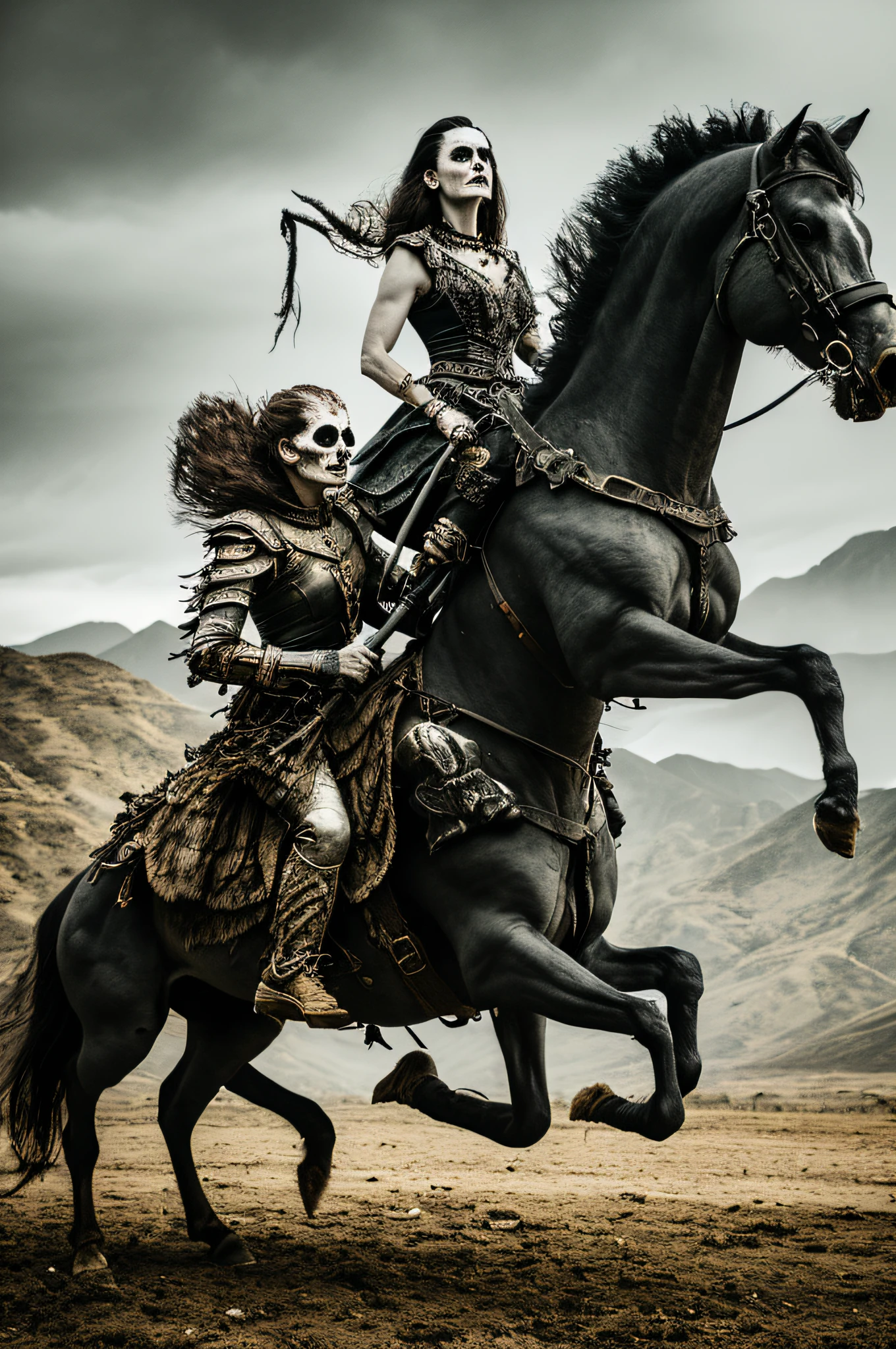 MODELSHOOT STYLE, ANALOG STYLE,wide shot, realistic, 8k resolution, hyperdetailed, highly detailed, real life, studio lighting, high quality, photo, wide landscape, bones out, rotten skull, full body, rotting female daemon queen in casual clothes, riding a battle horse from hell