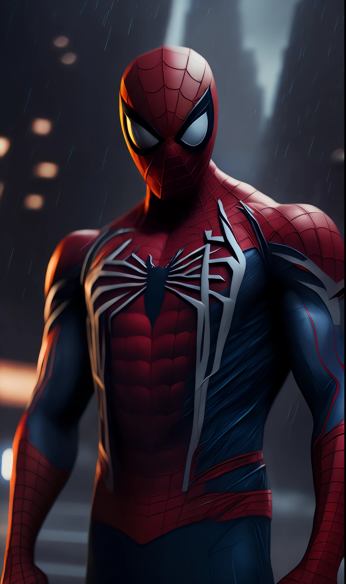 photo of Spider-Man from Marvel standing outside the city 17, rainy, rtx, octane, unreal