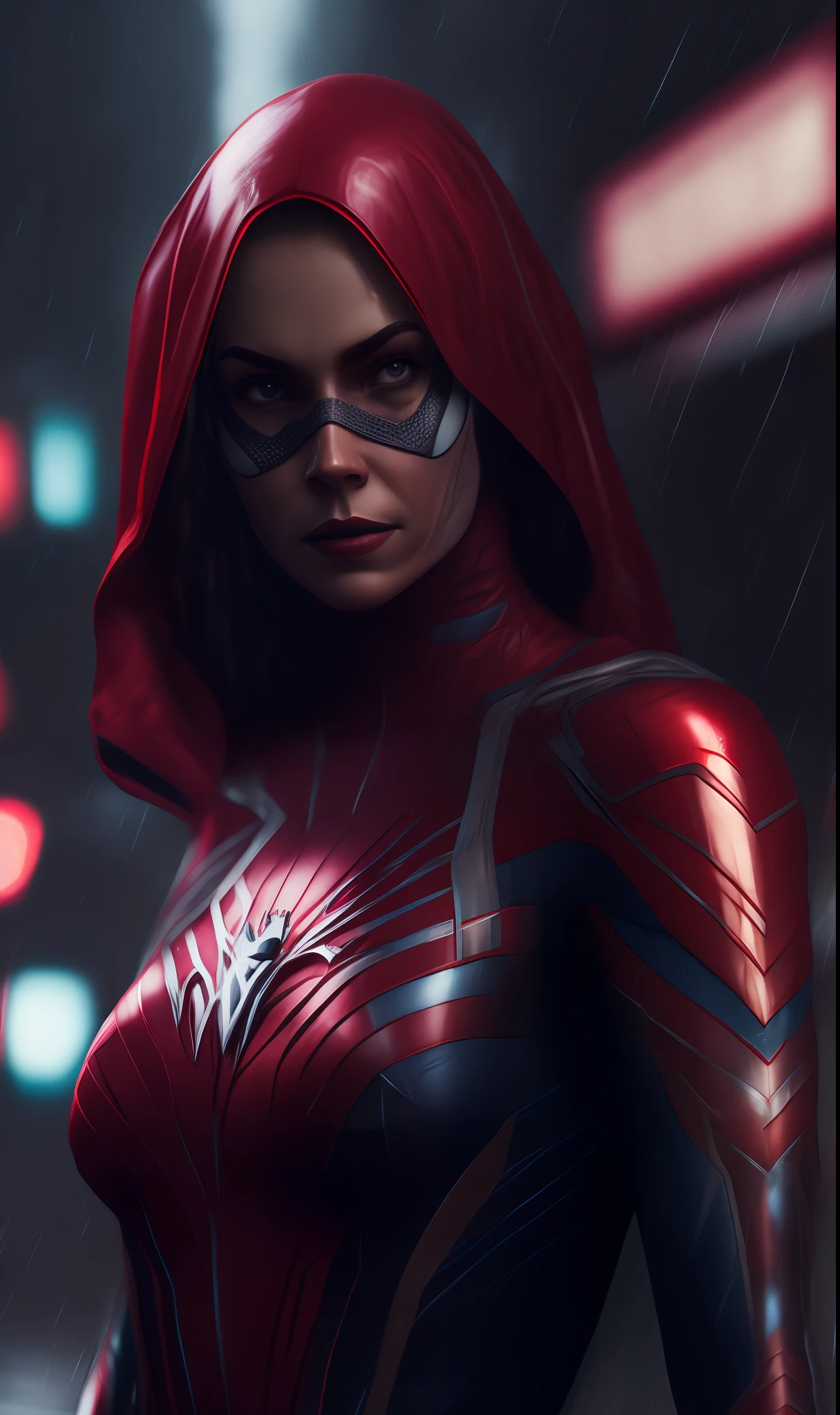 photo of Spider-Woman from Marvel standing outside the city 17, rainy, rtx, octane, unreal
